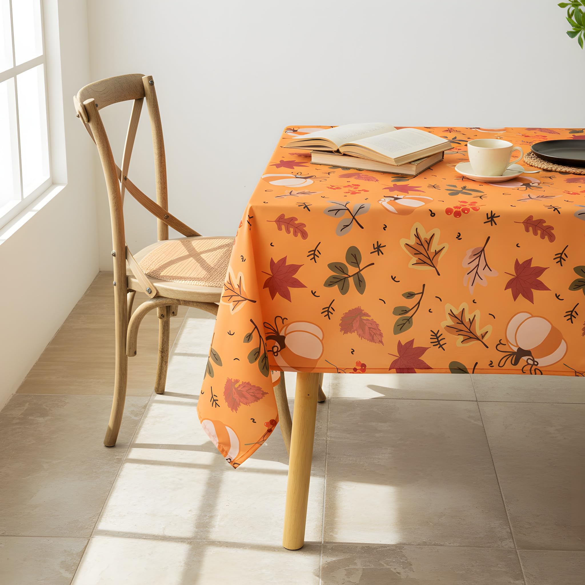 LOSIVISHE Thanksgiving Waterproof Tablecloth - Fall Harvest Pumpkins, Maple Leaves & Berries Print - Autumn Rectangle Table Cove