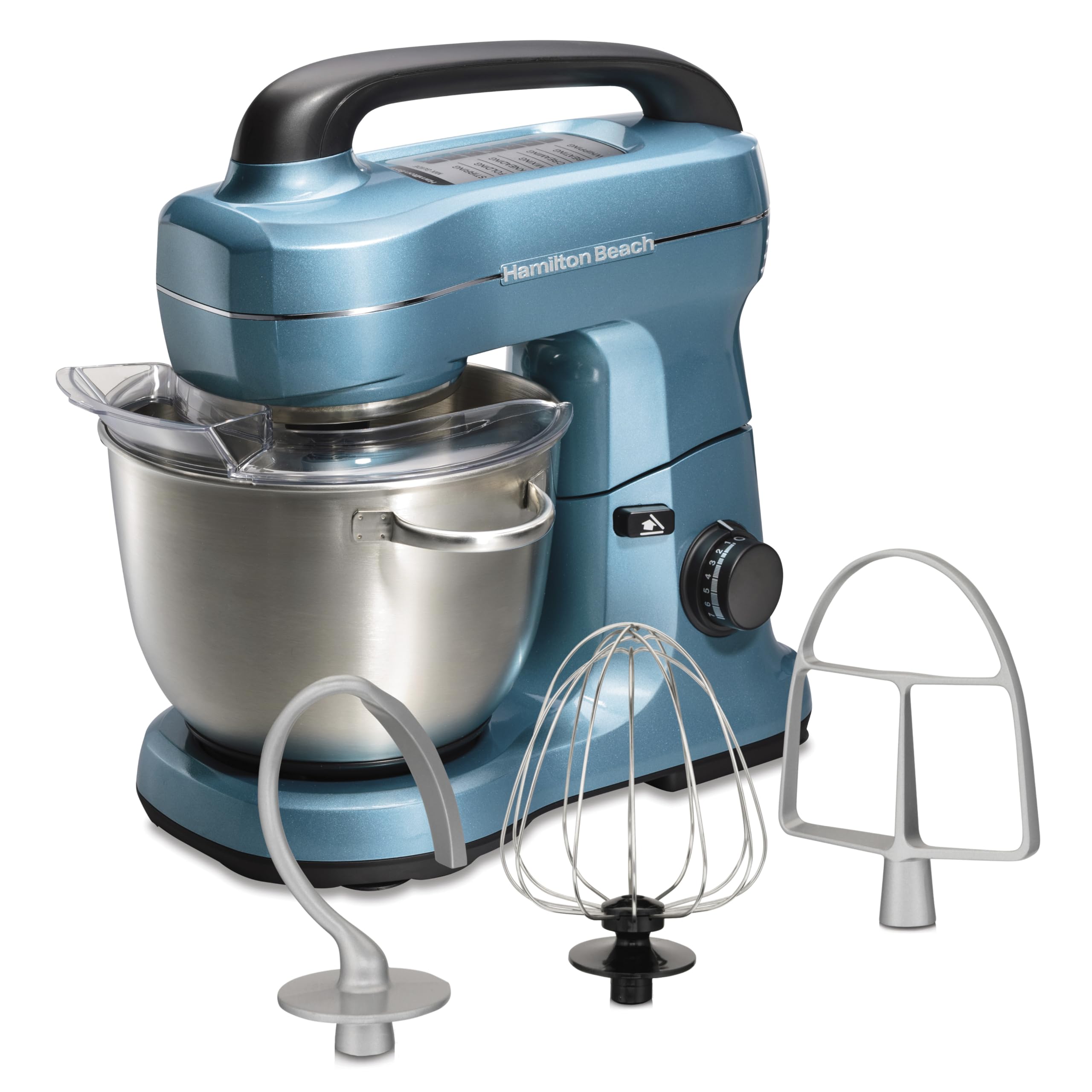 Hamilton Beach Electric Stand Mixer, 4 Quarts, Dough Hook, Flat Beater Attachments, Splash Guard 7 Speeds With Whisk, Blue