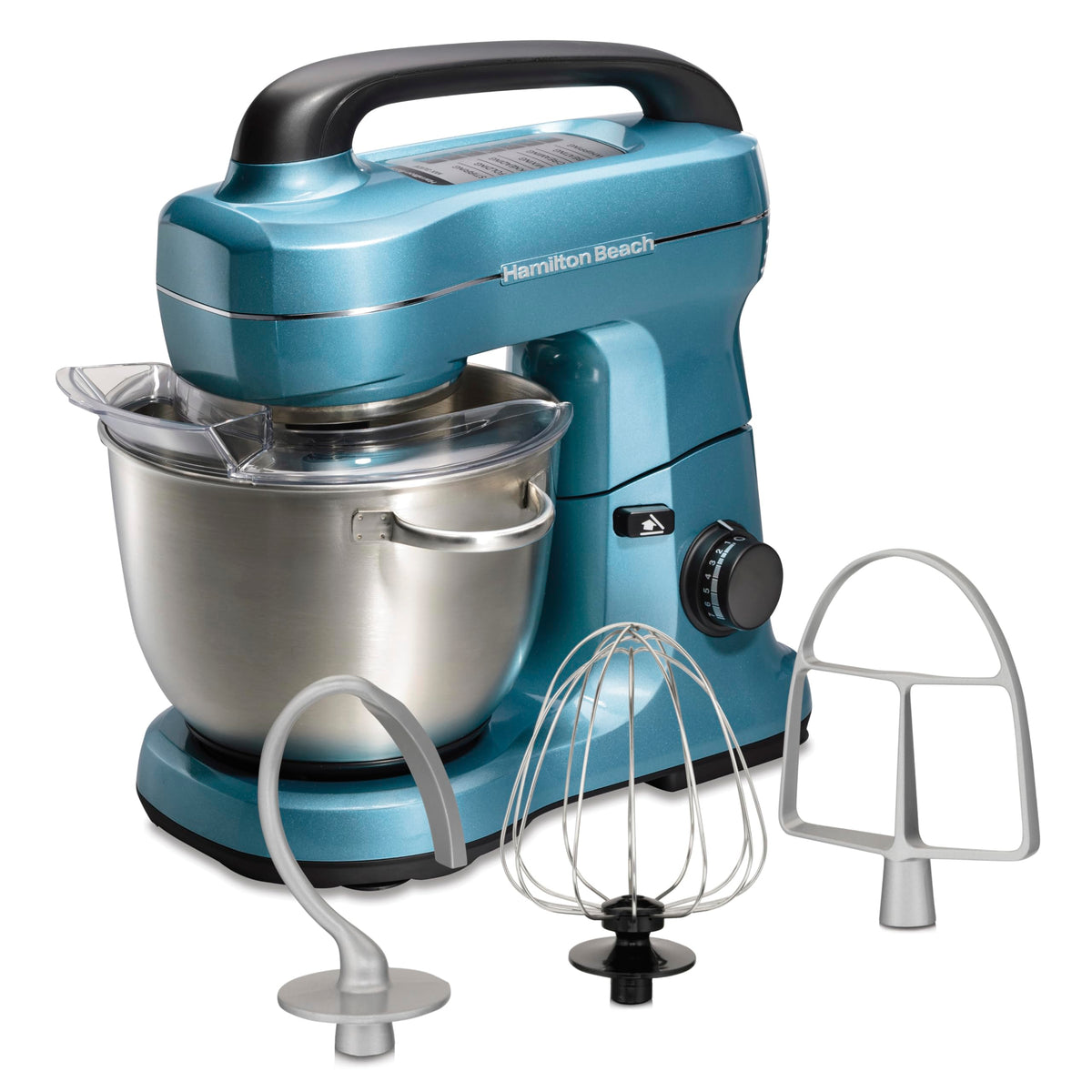 Hamilton Beach Electric Stand Mixer, 4 Quarts, Dough Hook, Flat Beater Attachments, Splash Guard 7 Speeds With Whisk, Blue