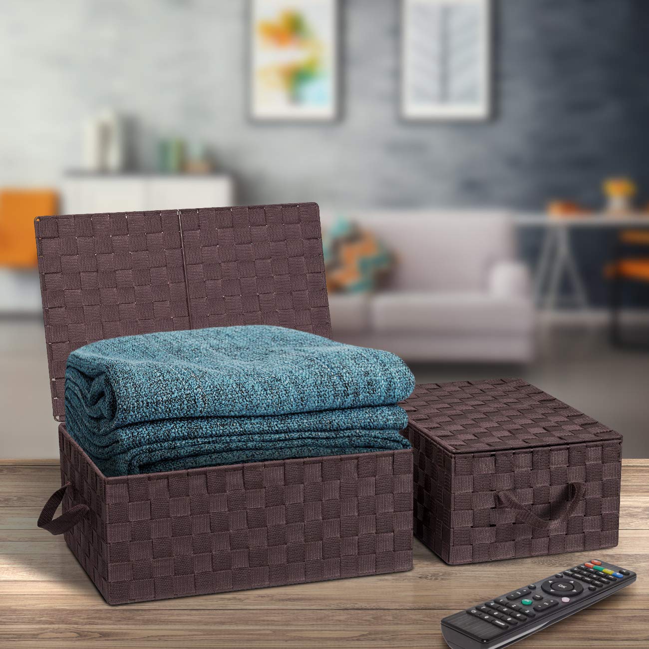 Sorbus Set Of 3 Storage Baskets For Organizing With Lid, Mesh Hand-Woven Design, Linen Closet Organizers And Storage, Organizer