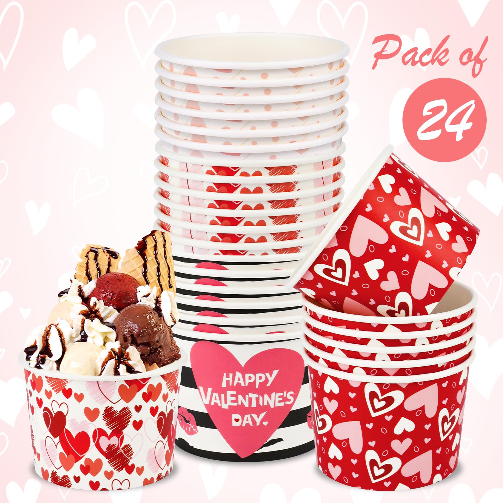 Howaf 24Pcs Valentine'S Day Party Supplies Ice Cream Bowls, Valentine Day Disposable Treat Snack Cups For Sundae Hot Or Cold Foo