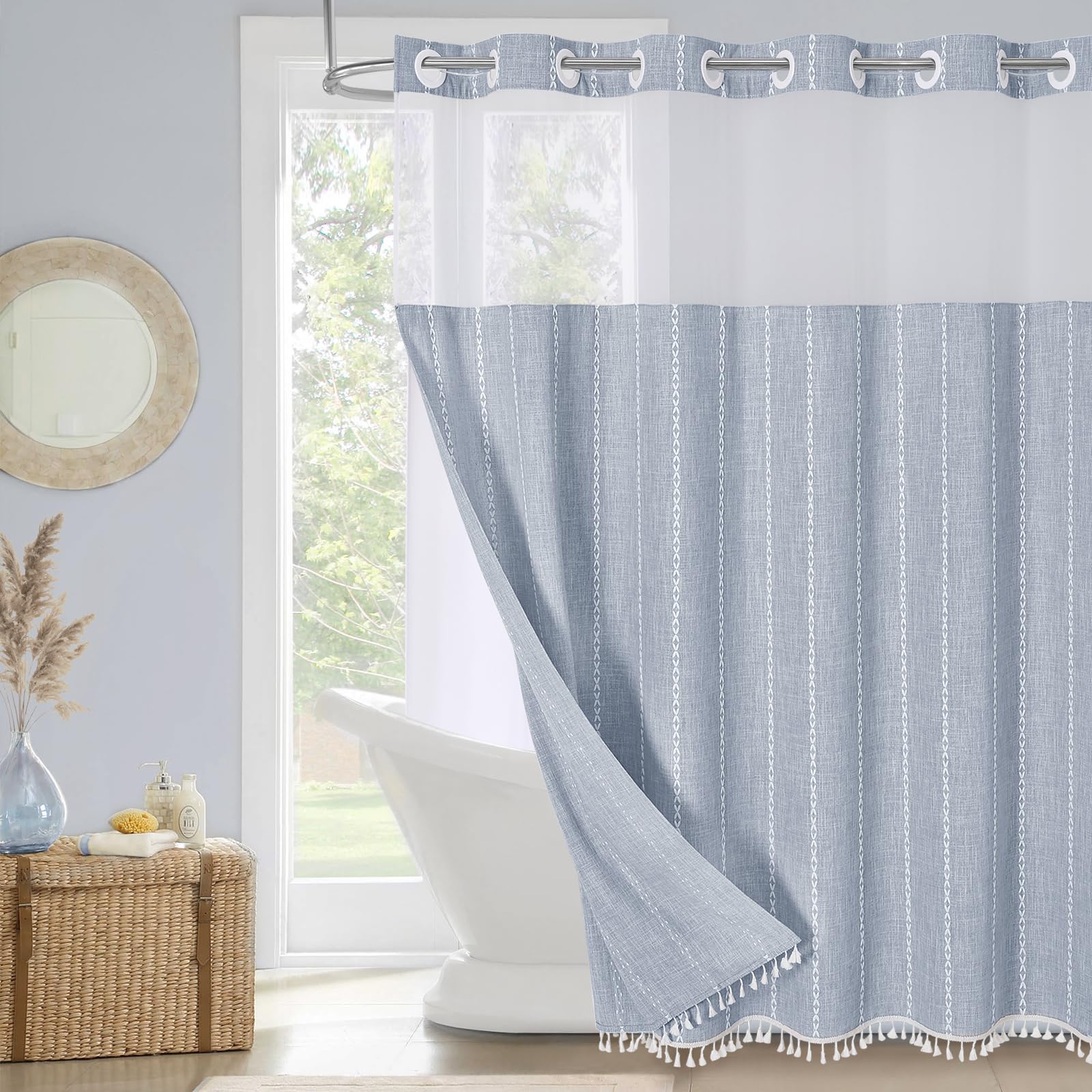 No Hooks Needed Farmhouse Shower Curtain With Snap-In Liner - With Window & Magnets, Boho Cotton Linen Fabric Shower Curtains Wi