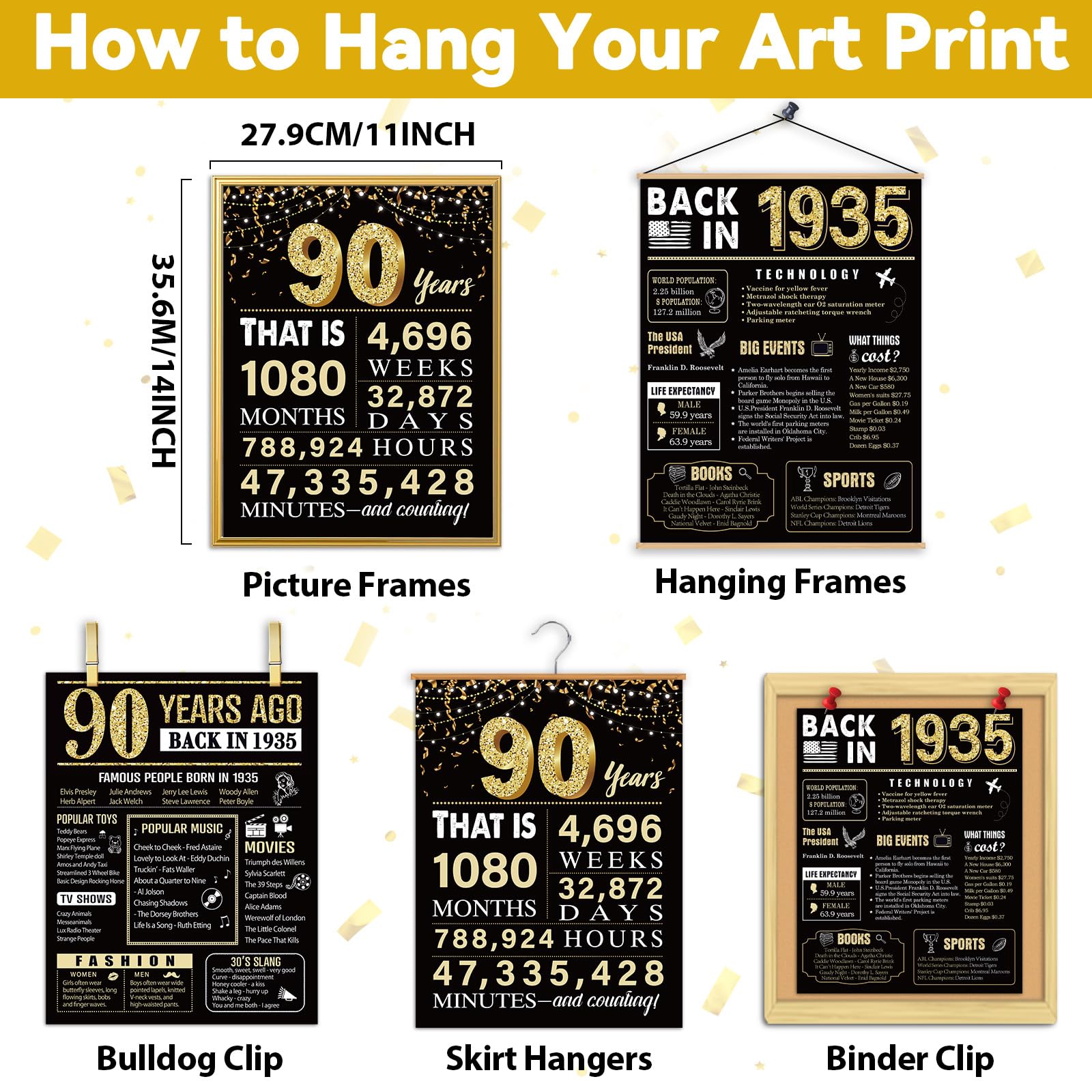 90 Years Ago 90th Birthday Wedding Anniversary Poster 3 Pieces 11 x 14 30s Party Decorations Supplies Large Sign Home Decor Black & Gold Wall Art Prints for Men and Women (Back in 1934-90 Years)
