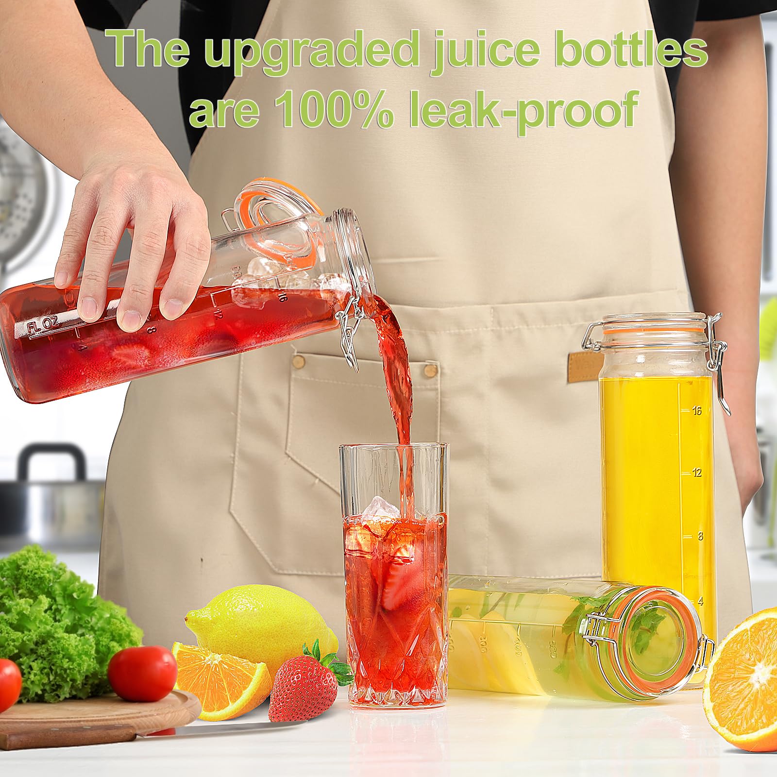 [Upgraded] 20 Oz Glass Jars With Airtight Lids For Vanilla Extract, 6 Pack Glass Juice Bottles With 2 Measurement Marks, Glass F