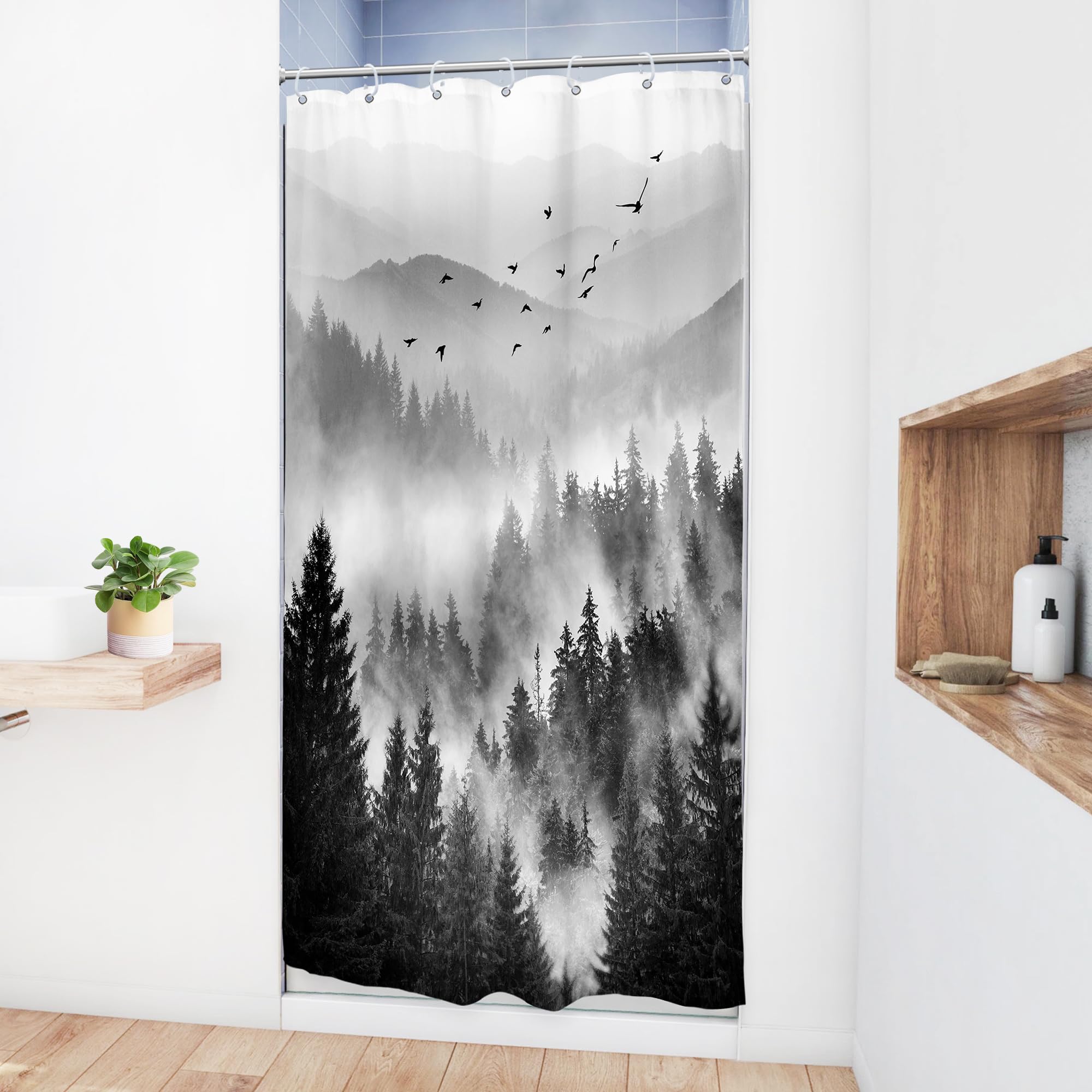 Riyidecor Stall Half Small Rv Shower Curtain 36Wx72H Inch Black And White Mountain Single Stand Up Camper Camp Narrow Scenery Ru
