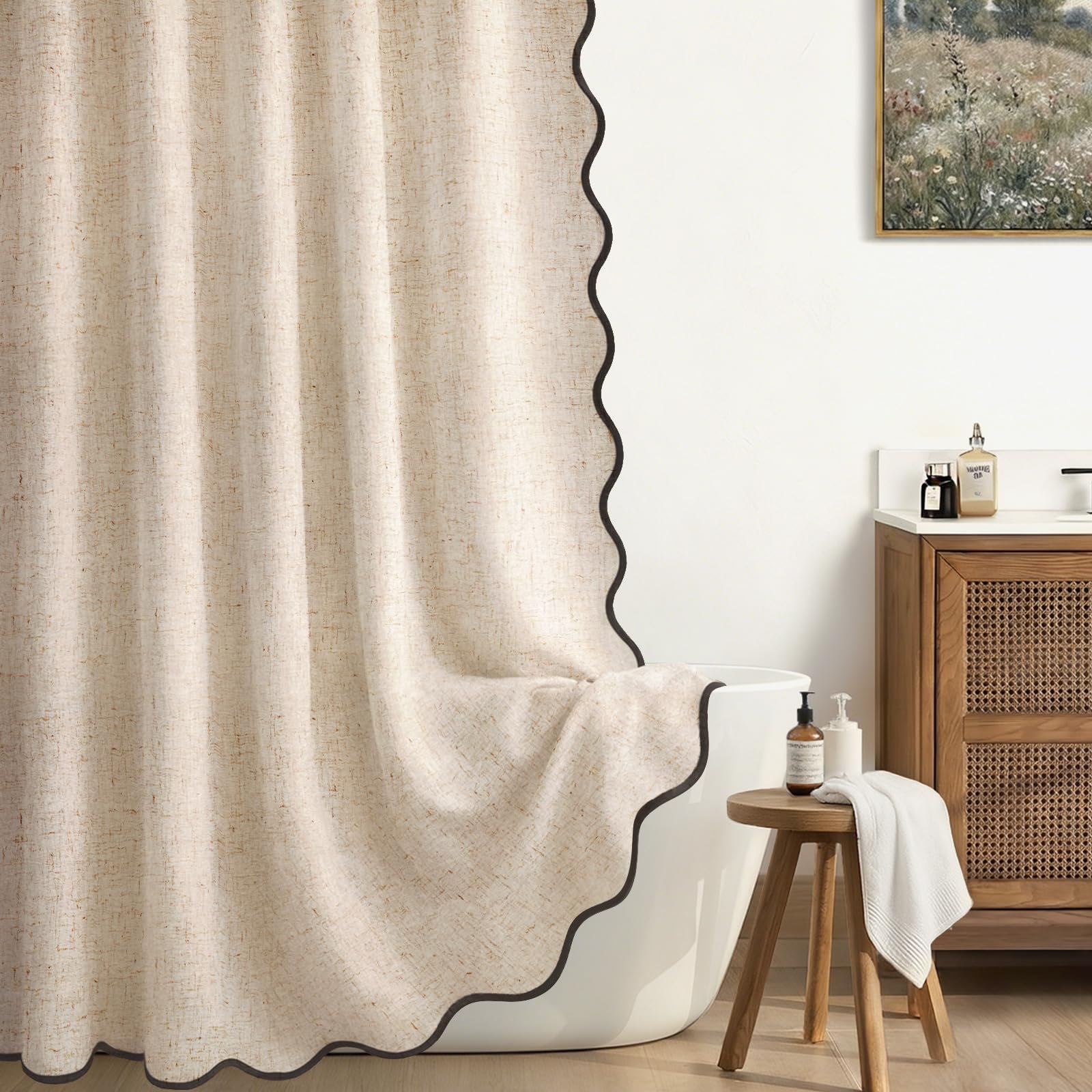 XOGUIBO Linen Shower Curtain Beige Cute Black Scalloped Boho Modern Shower Curtains for Bathroom Set, 60 W x 72 L 10 Hook