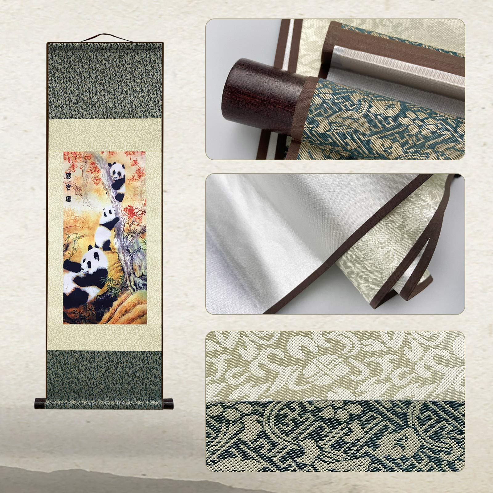AtfArt Asian Wall Decor Beautiful Silk Scroll Painting National Treasure Chinese Panda Oriental Decor Chinese Art Wall Scroll Wall Hanging Painting Scroll (39 x 12 in)