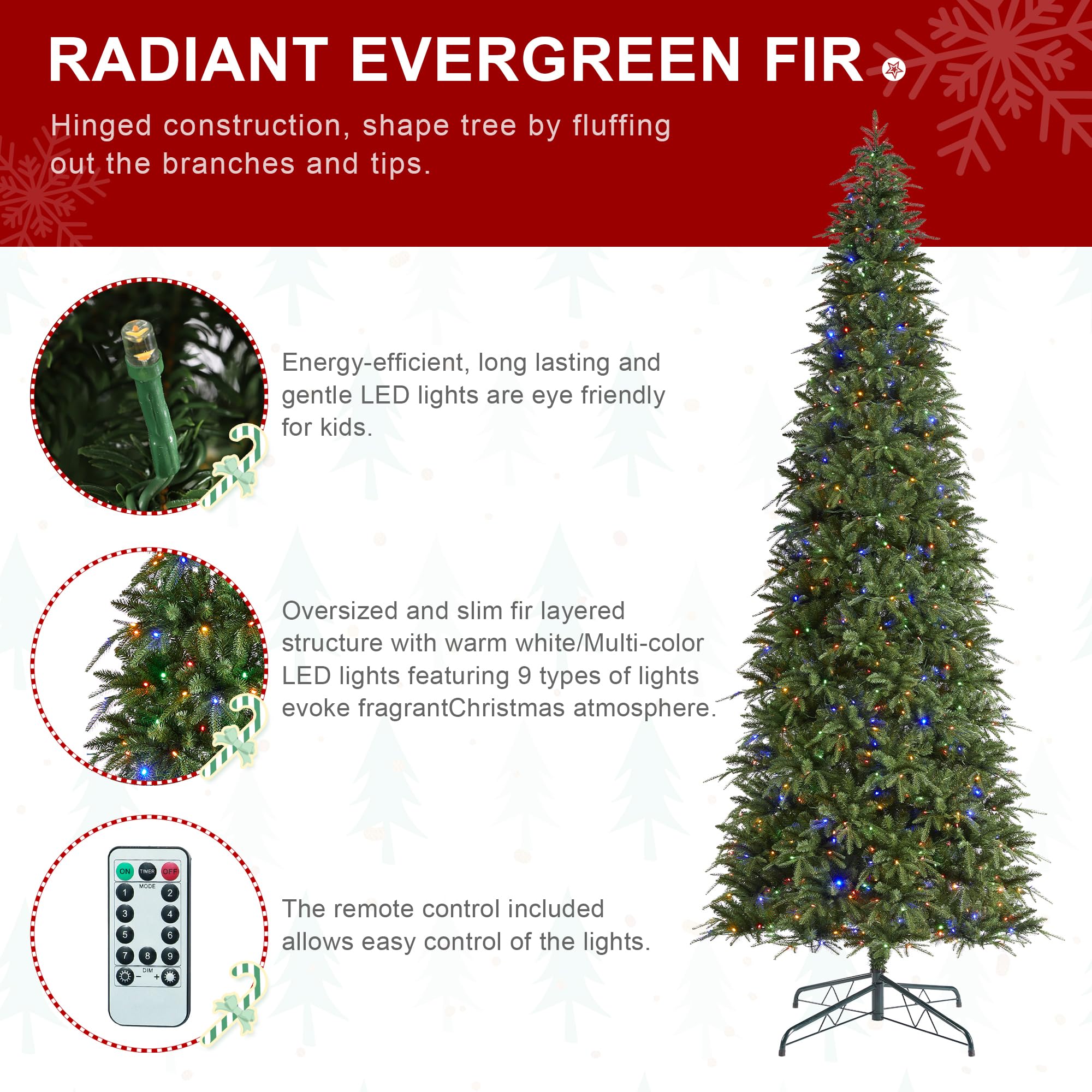 Glitzhome 11ft Pre-Lit Christmas Tree,Hinged Slim Artificial Xmas Tree,Radiant Evergreen Fir with 850 Warm White/Multi-Color LED