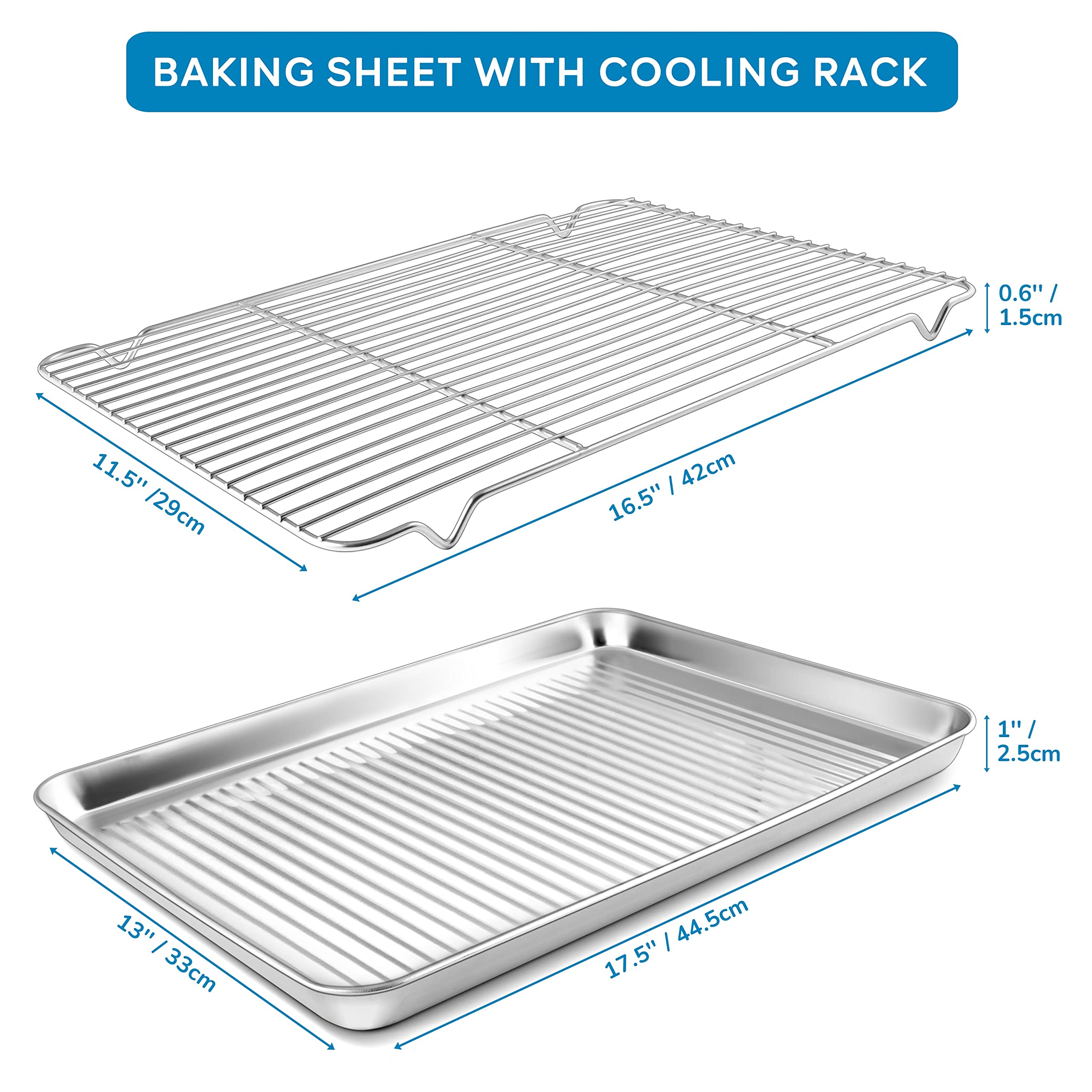 Herogo Baking Pan Sheet With Cooling Rack Set For Oven, 18 X 13 X 1 Inch, Stainless Steel Fluted Bakeware Cookie Sheet Tray Non-
