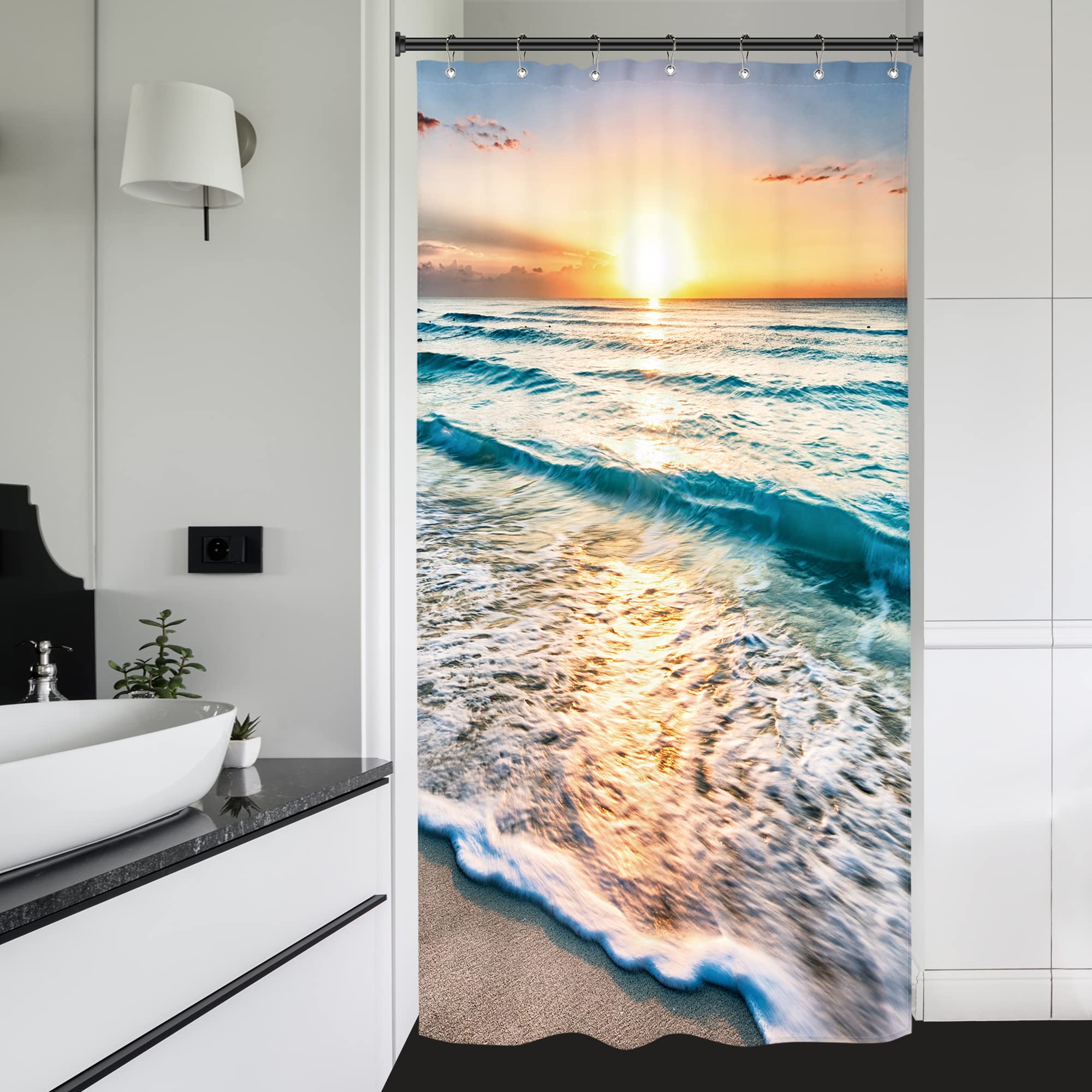 Riyidecor Stall Small Half Shower Curtain Beach Summer 36X72 Inch Rv Mini Single Narrow Ocean Coastal Hawaiian Sunrise Sea Wave