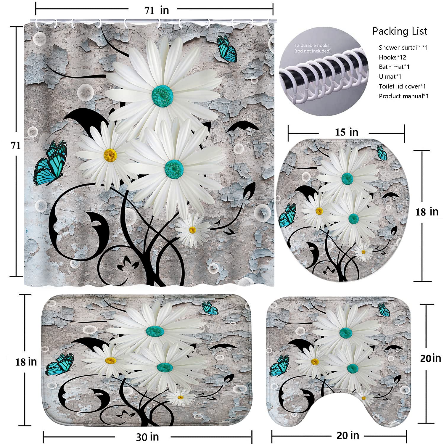 ENYORSEL 4 Piece Bathroom Shower Curtain Set with Rug  Chrysanthemum Bathroom Sets with Premium Shower Curtain and Non-Slip Bath Rugs  U-Shaped Floor Mat and Toilet Lid Oval Mat for Bathroom Decor