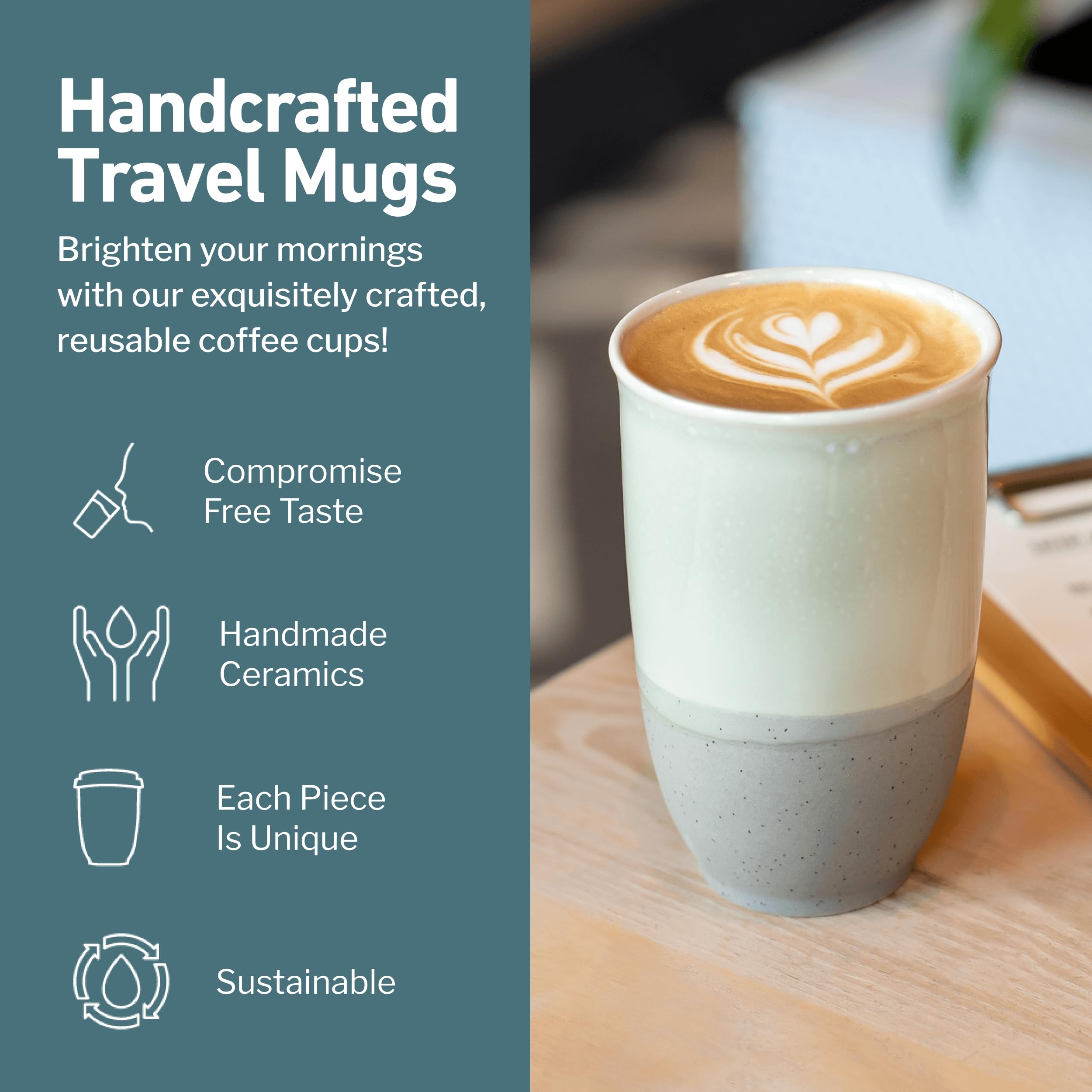 NOVA CERAMICS Travel Mug - Coffee Travel Mug - Reusable Coffee Cup Unique to Go Mug - Microwave & Dishwasher Safe Coffee White T