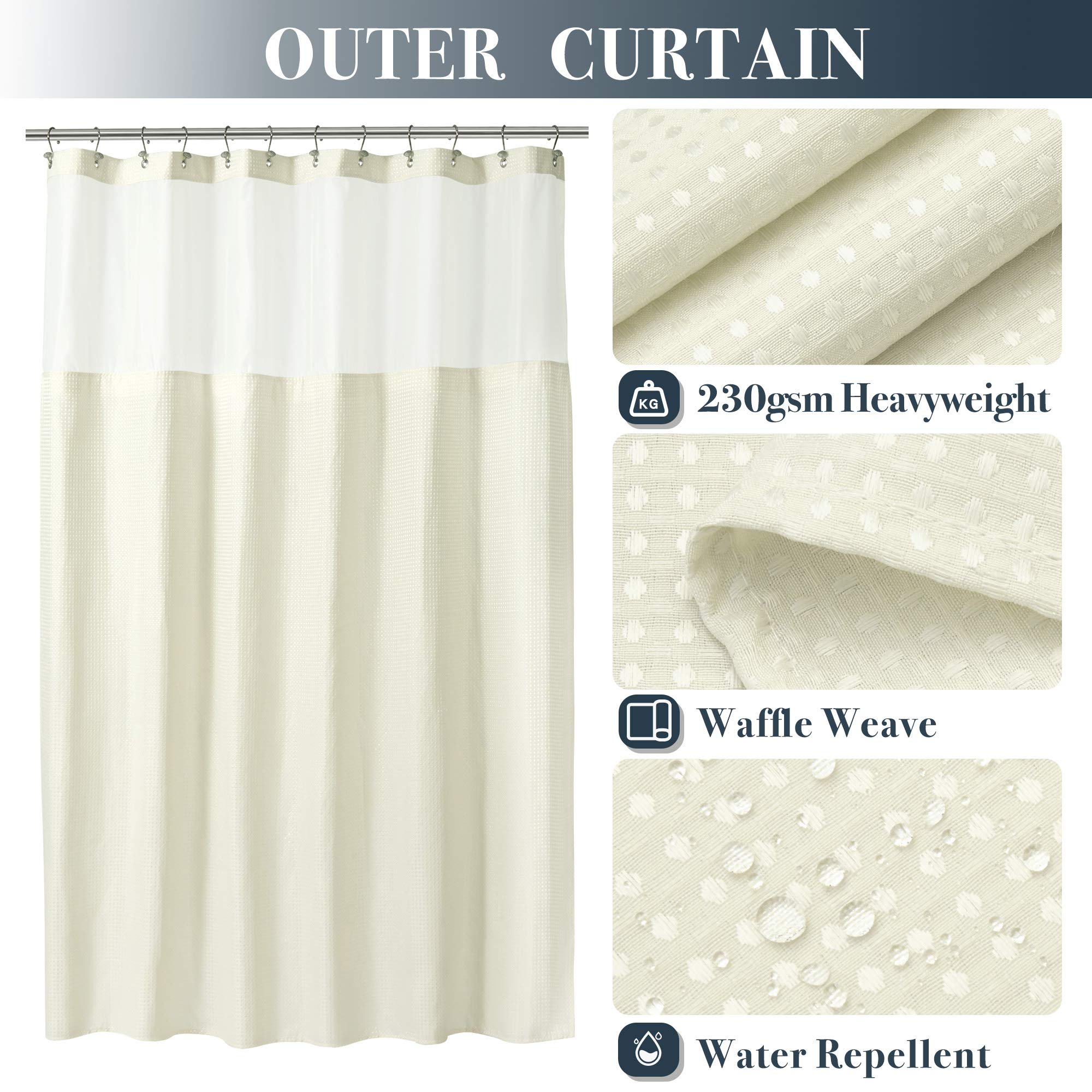 N&Y HOME Waffle Weave Shower Curtain with Snap-in Fabric Liner & Hooks Set - Hotel Style Cream Shower Curtain for Bathroom  Water-Repellent & Washable  Mesh Top Window - 71x72  Cream