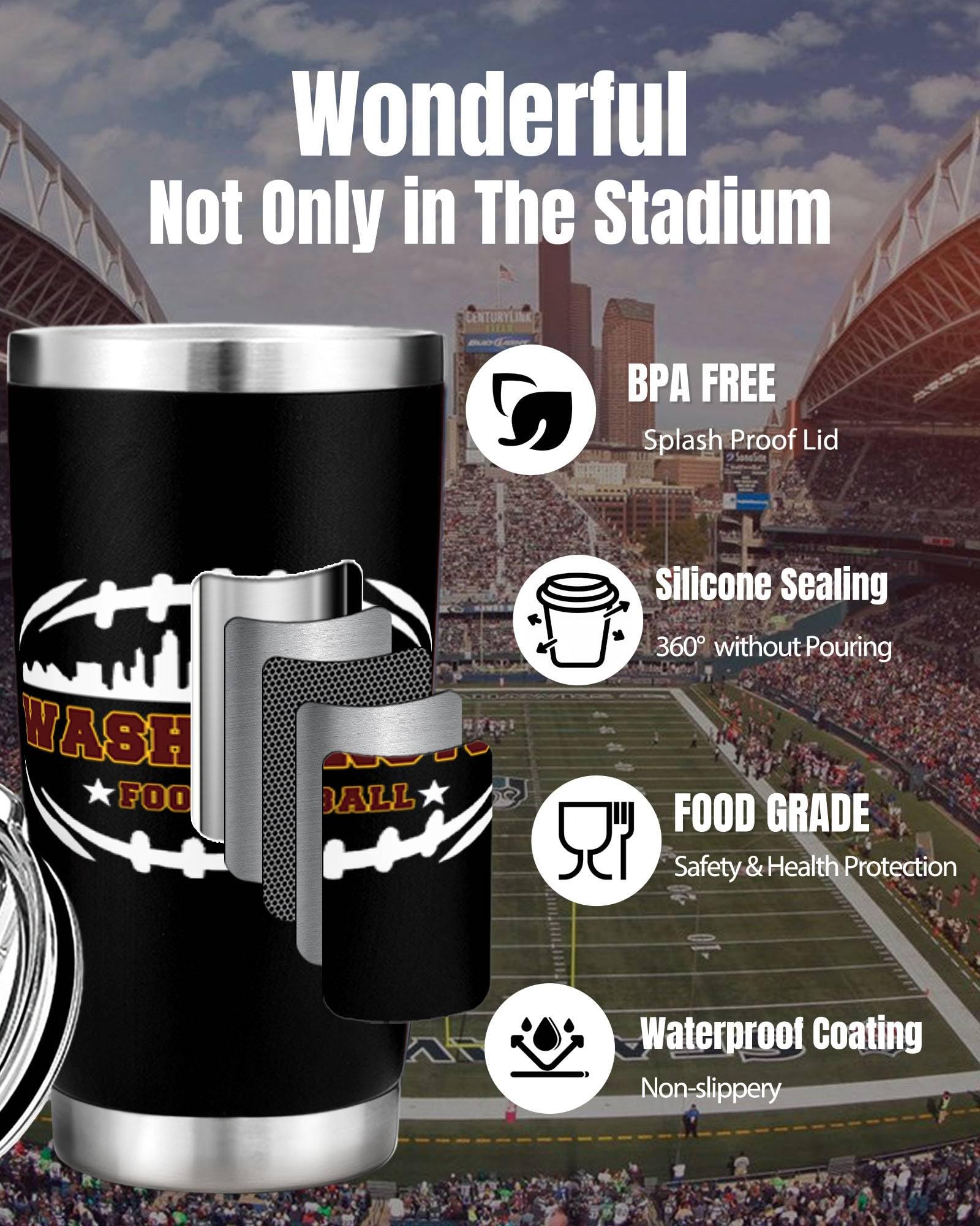Football Fan 20 Oz Insulated Travel Coffee Cup Mug Tumbler with Lid Washington Themed Merch Shop Men Women Sport Stuff Apparel C