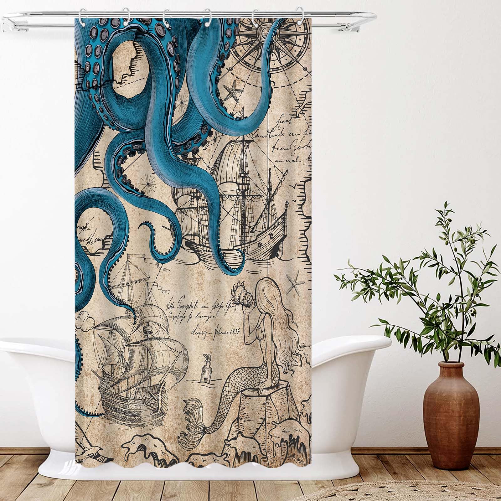 Fungarth Stall Vintage Nautical Octopus Shower Curtain Navy Blue Mermaid Funny Ocean Kraken Shower Curtains For Bathroom Cool An