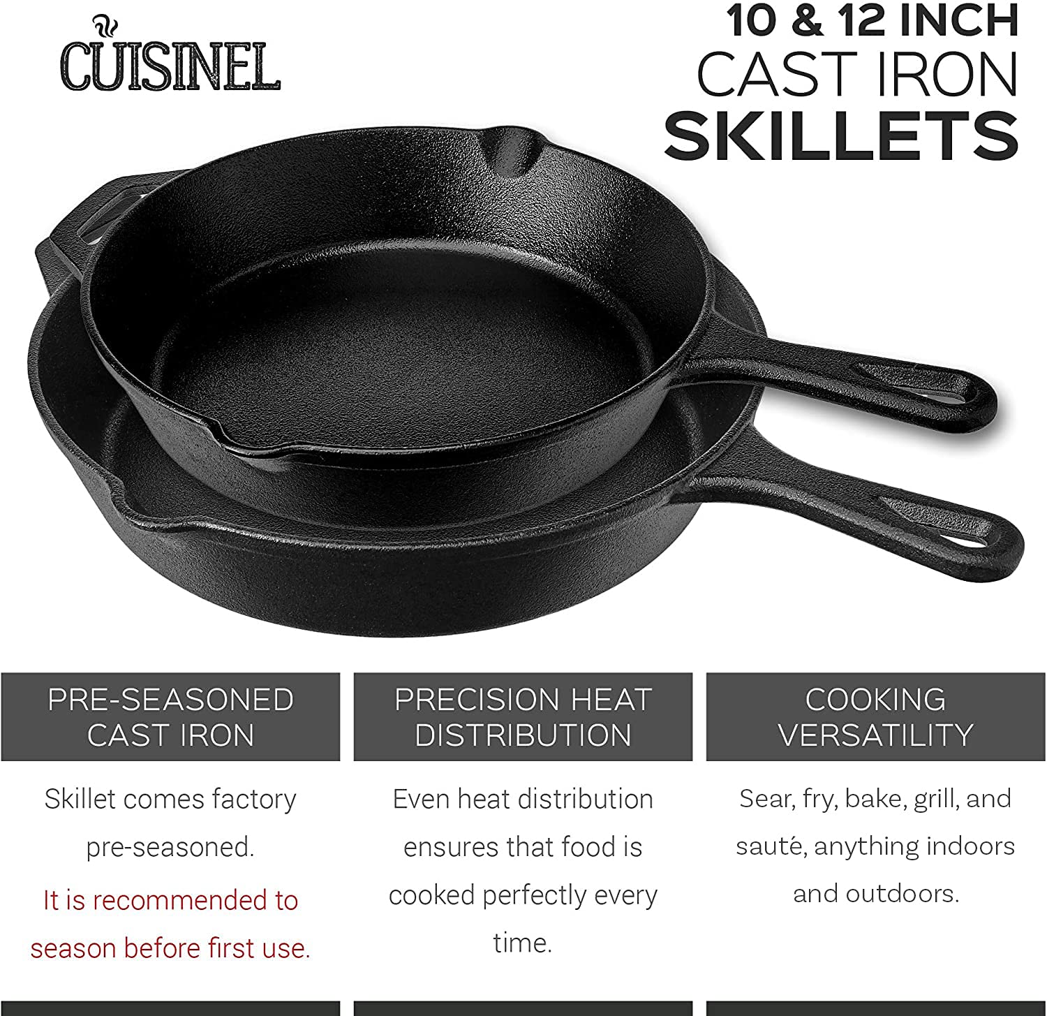 Cuisinel Cast Iron Skillet Set - 10'' + 12'' Frying Pan + Glass Lids + 2 Handle Cover Grips - Pre-Seasoned Oven Cookware - Indoo