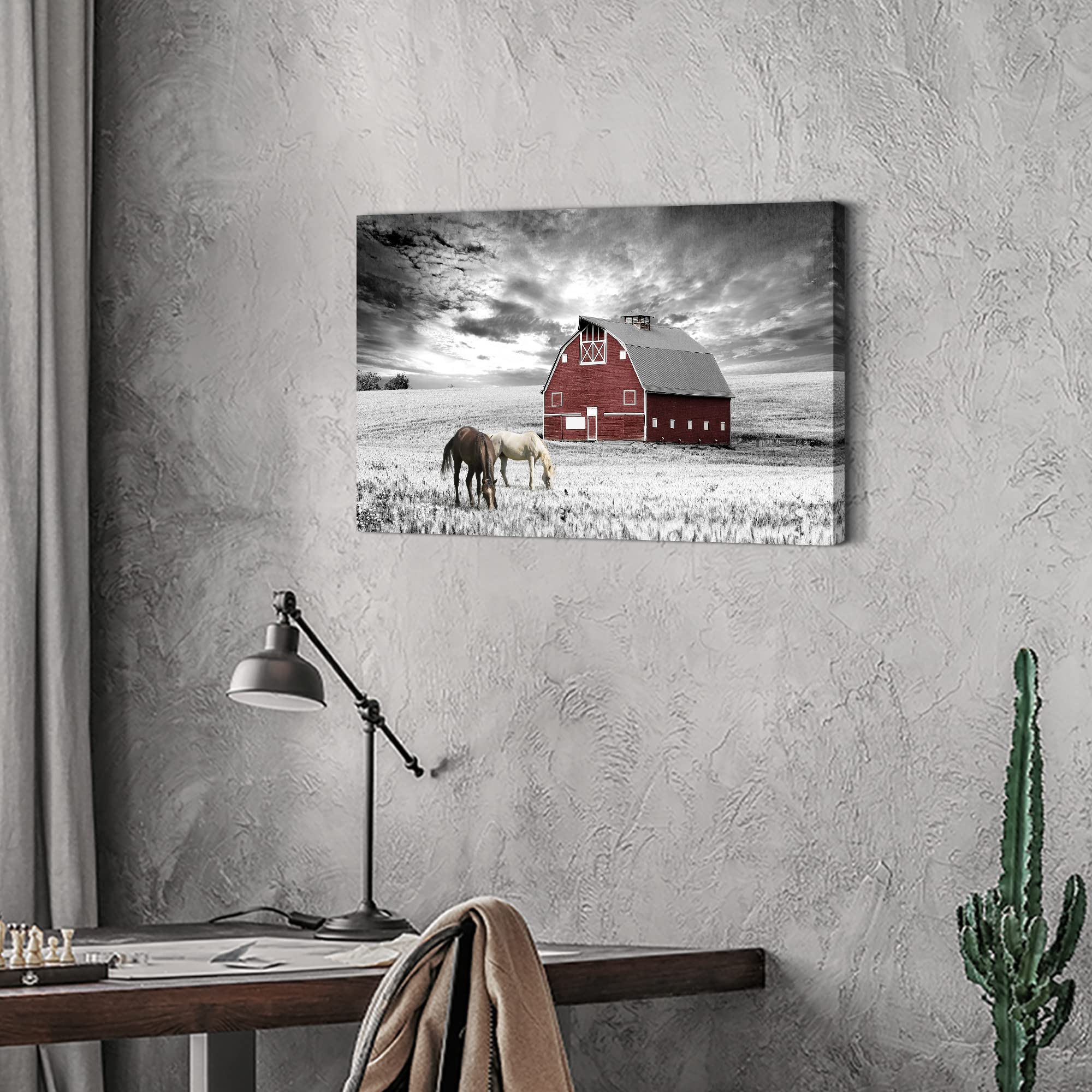 Sd Soft Dance Farmhouse Barn Canvas Wall Art: Black White Farm Landscape Pictures Country Scenery Artwork Horse Painting Prints