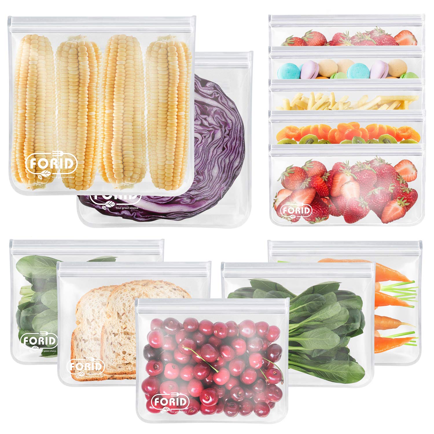 FORID Reusable Storage Bags, 12 Pack Extra Thick Freezer bags (2 Reusable Gallon Bags, 5 Reusable Sandwich Bags, 5 Reusable Snac