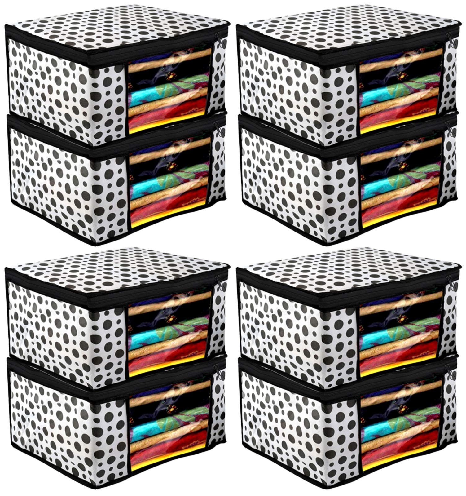 Kuber Industries Polka Dots Design 8 Piece Non Woven Fabric Saree Cover/Clothes Organiser For Wardrobe Set With Transparent Wind