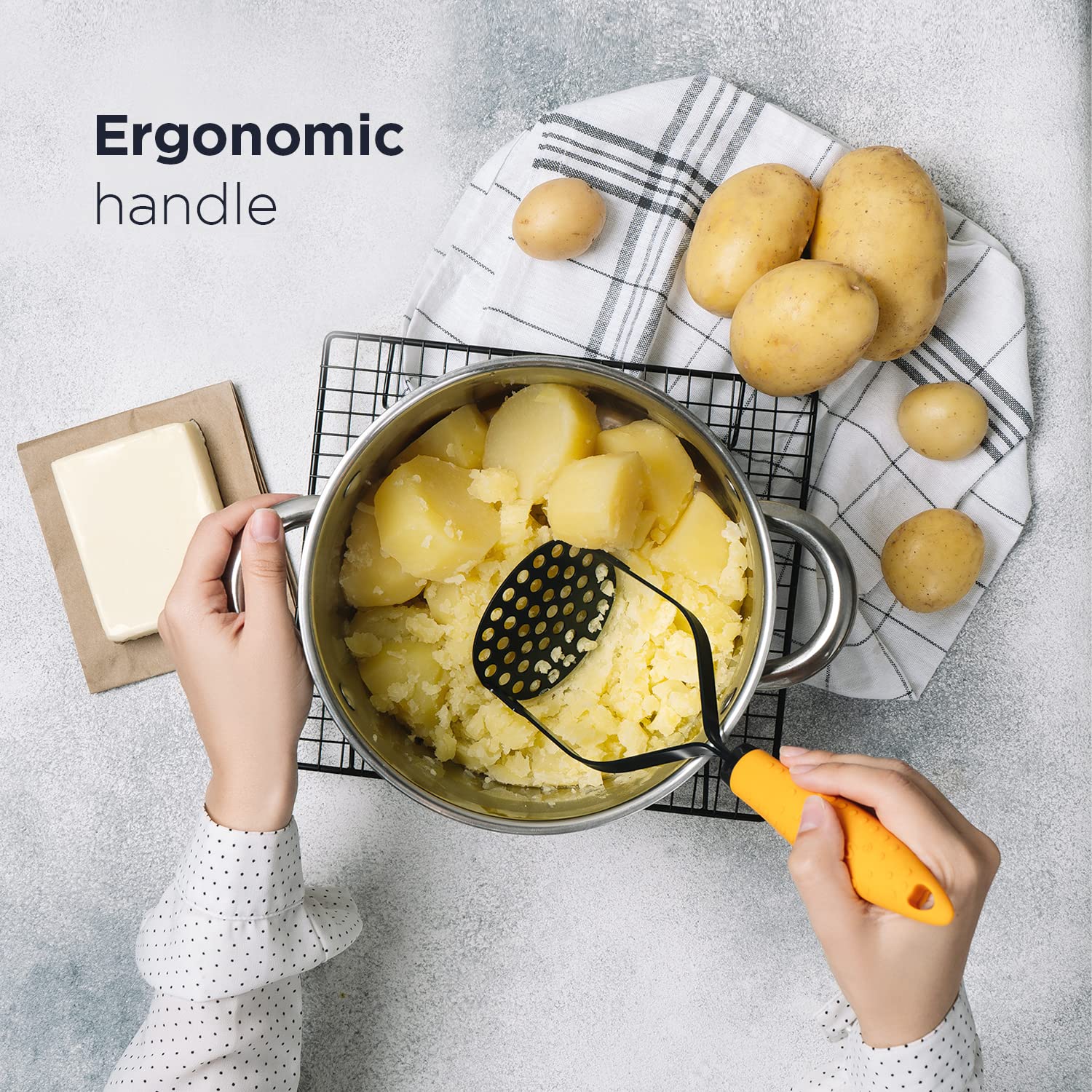 Deiss Pro Heavy Duty Stainless Steel Potato Masher With Non-Slip Rubber Handle High-Quality Hand Held Potato Masher For Struggle