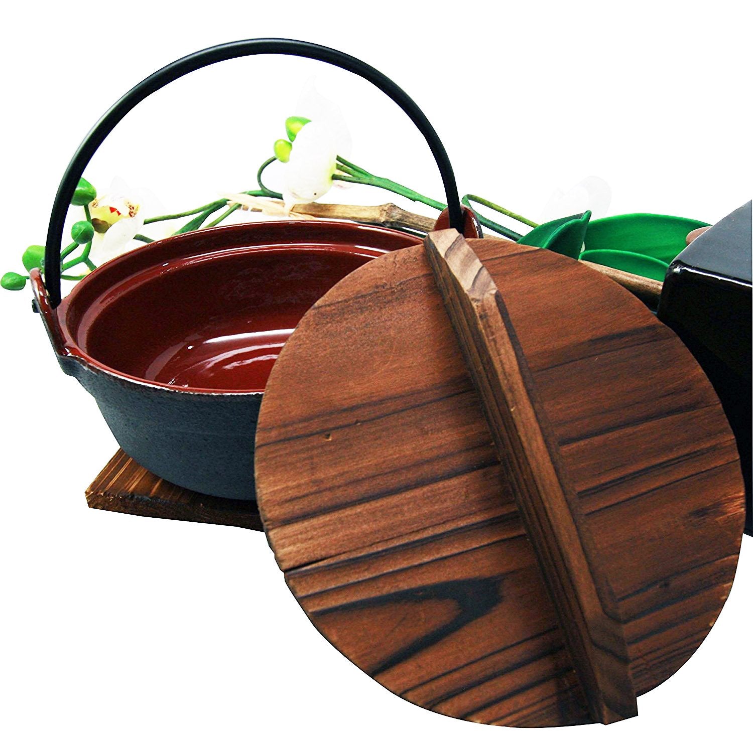 Ebros Japanese Style Traditional Cookware Serveware Cast Iron Sukiyaki Nabemono Small Personal Size Soup Hot Pot With Wooden Lid