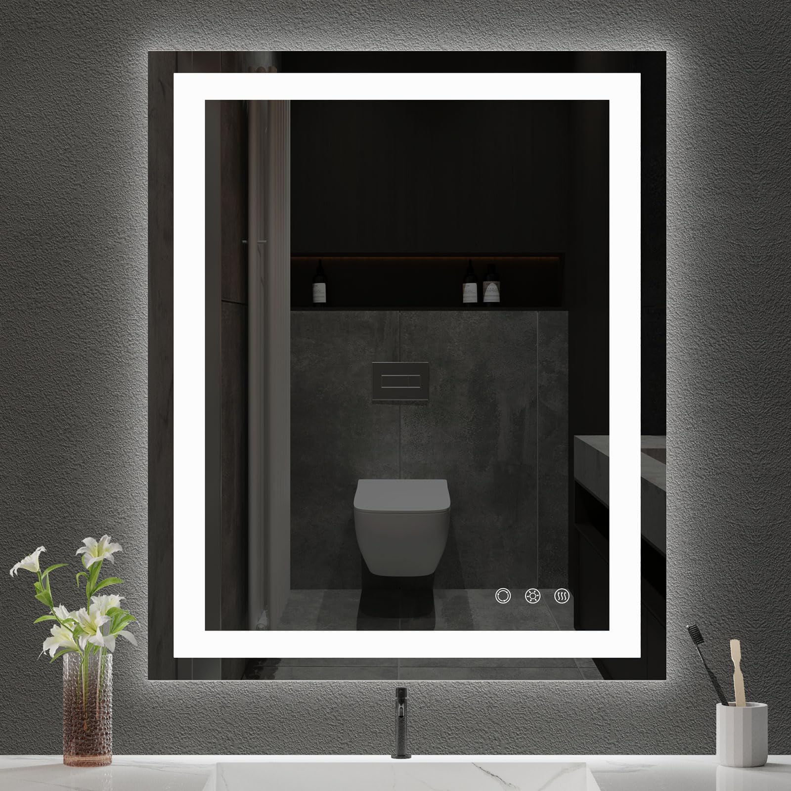 Besmirror 30X36 Inch Led Bathroom Mirror - Anti-Fog, Stepless Dimmable - Bathroom Mirror With Led Lights - 3 Color Led Mirror Fo