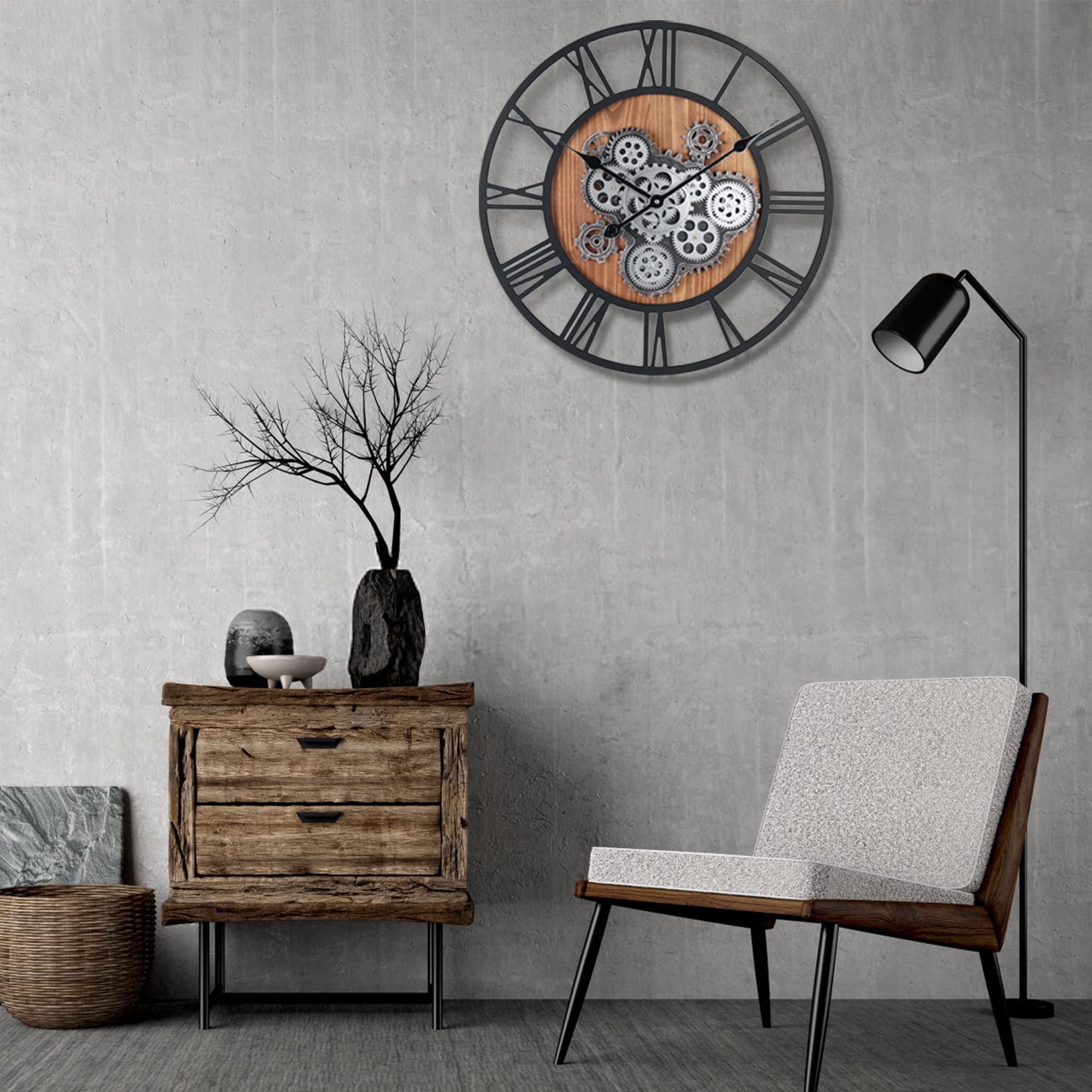 Lafocuse 23 Inch Wall clock with Moving gears Roman Numeral Wooden Large Moving gears Wall clock  Oversize Industrial Farmhouse Vintage Wall clock for Living Room Decor Office Home