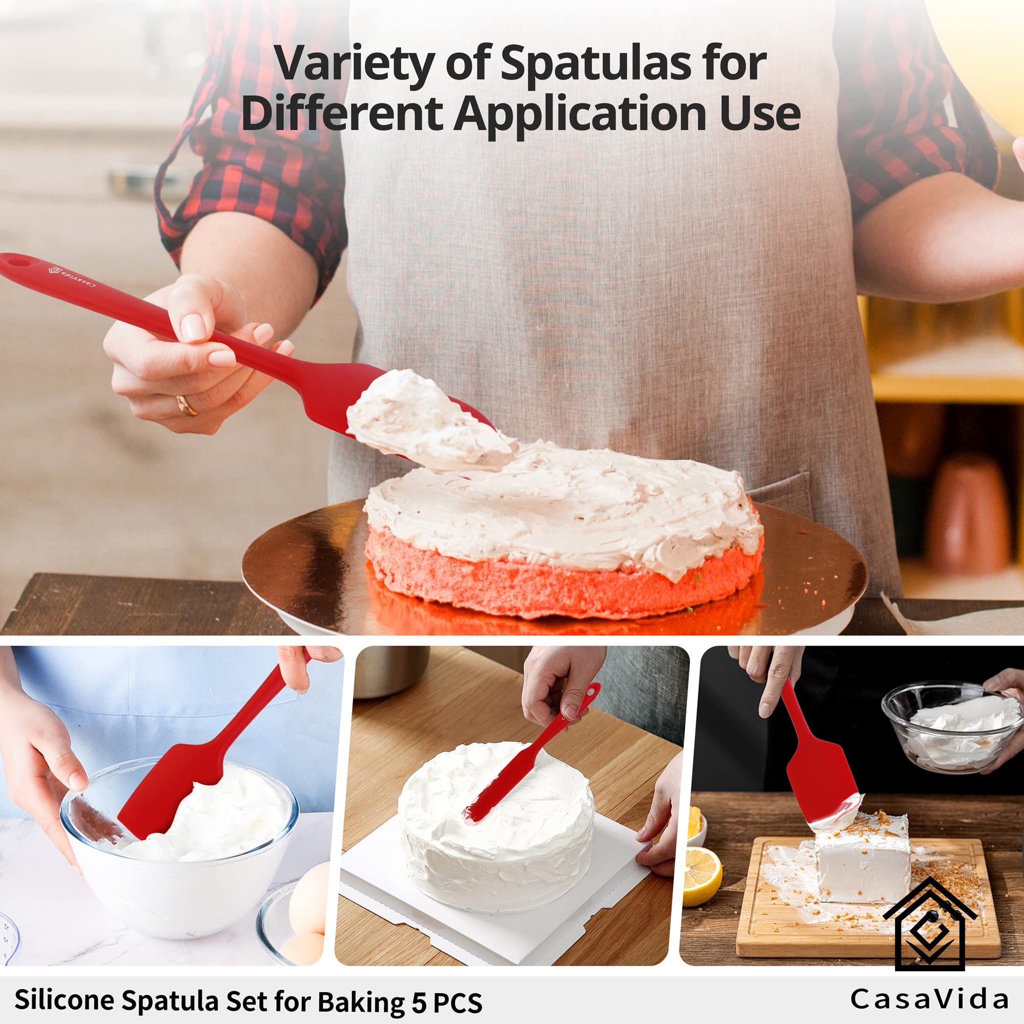 Casavida Silicone Spatula Set 5Pcs Red High Heat Resistant Non Stick Bakery Flexible Bpa Free Dishwasher Safe Kitchen Utensils B