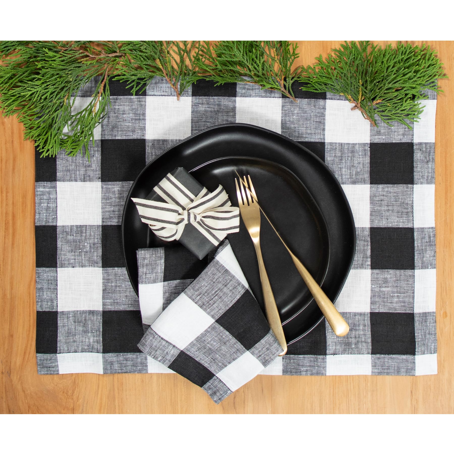 Solino Home Buffalo Check Linen Placemats 19'' L X 14'' W Inch - 100% Pure Linen Black And White Plaid Cloth Placemats Set Of 4