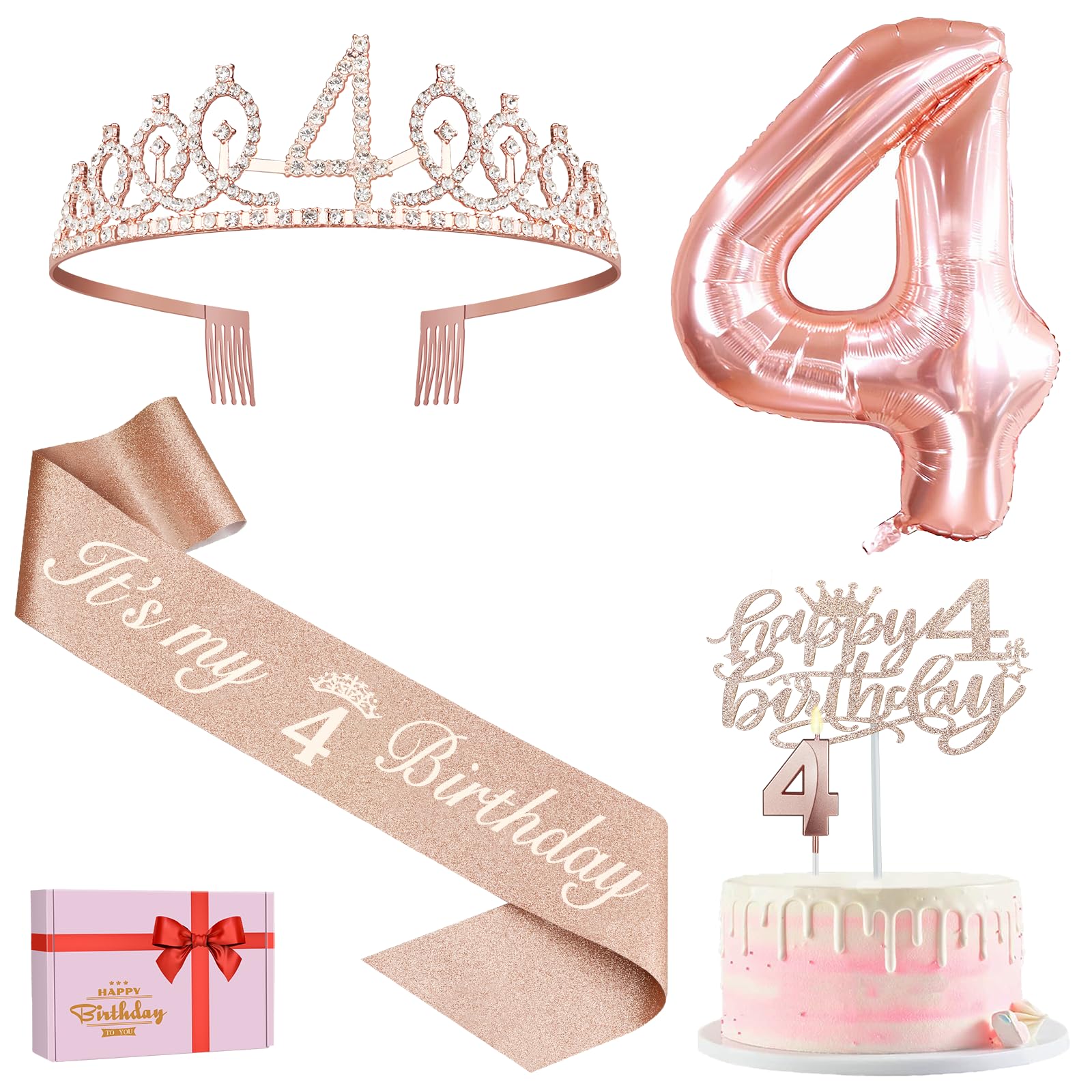 4Th Birthday Decorations For Girls, Including 4Th Birthday Sash And Tiara, 4Th Birthday Candles And Cake Toppers, Rose Gold 4 Ba