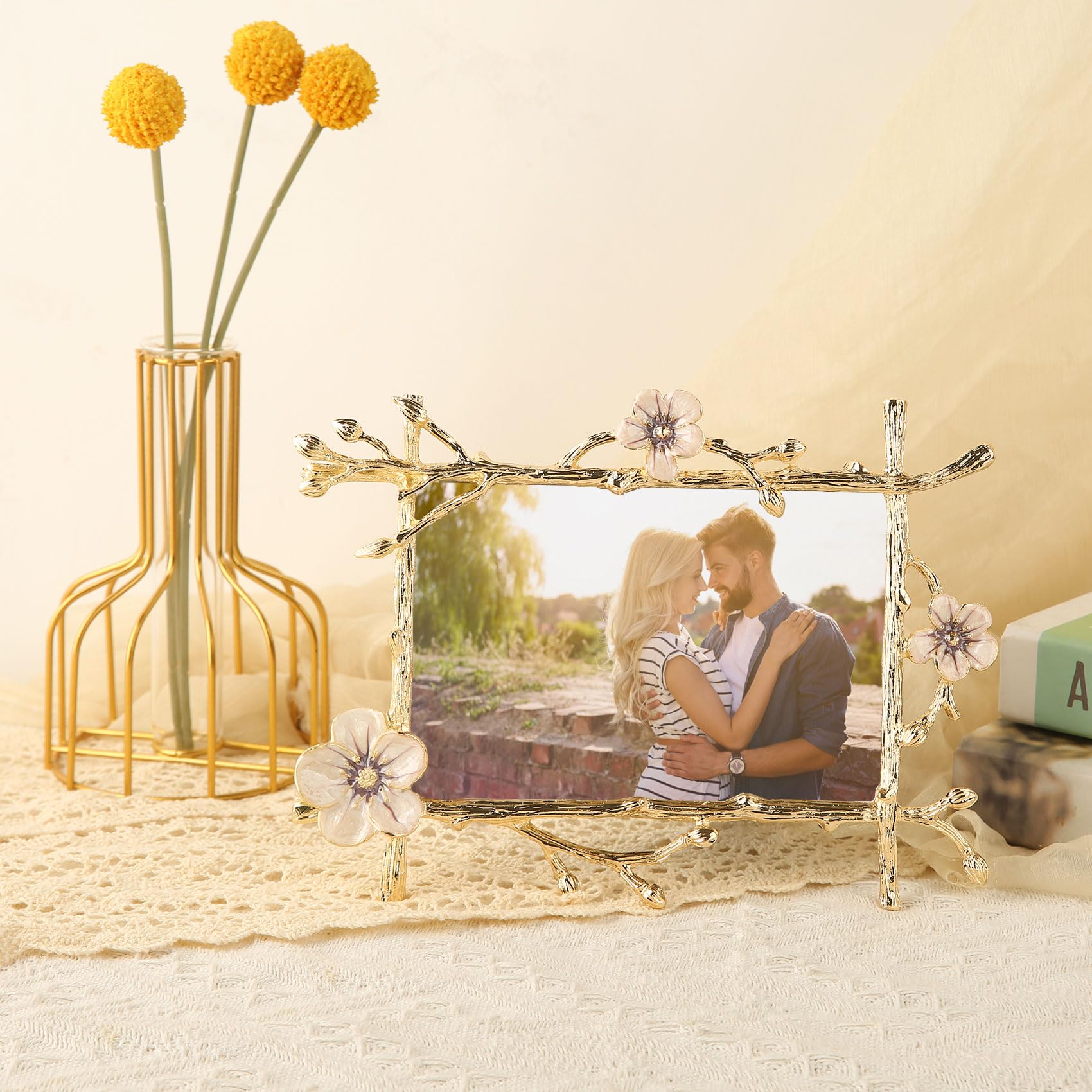 Goutangen 4x6 Gold Picture Frame Decor Ornate Pink Floral Metal Photo Frames with High Definition Glass Front, Art Decor Tableto