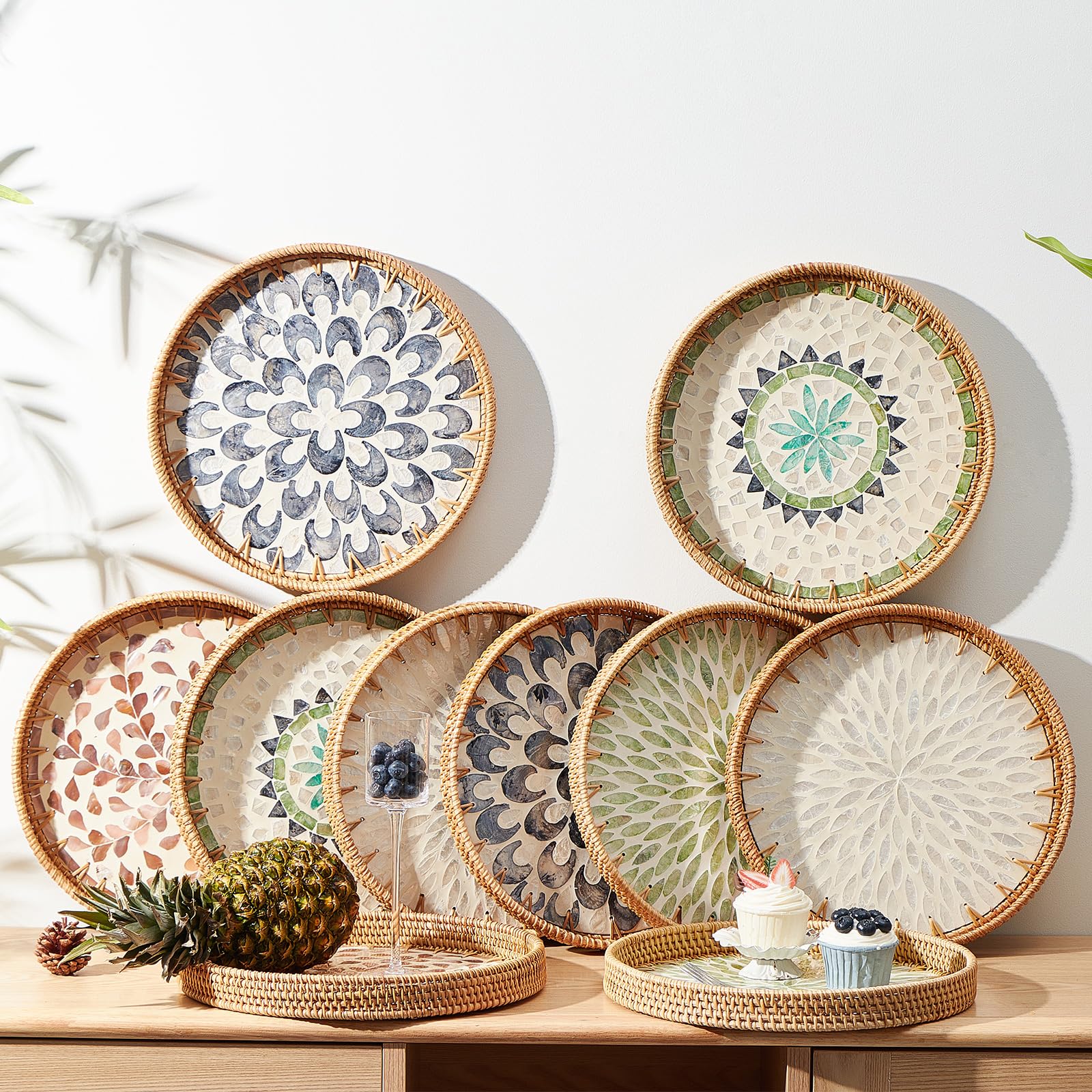 Round Rattan Tray With Mother Of Pearl Inlay, Rattan Serving Tray With Wooden Base, Decorative Wicker Basket For Table Decor, St