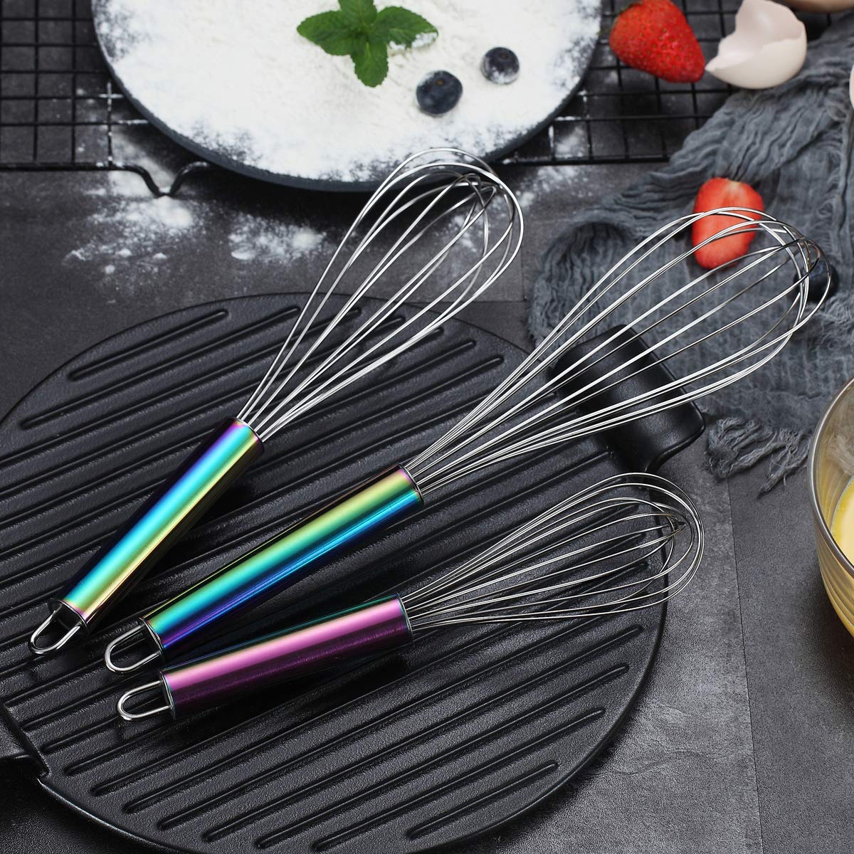 Berglander Rainbow Handle Whisk Pack Of 3 Stainless Steel 8'',10'',12'', Titianium Plating Colorful Handle Whisks For Cooking, B