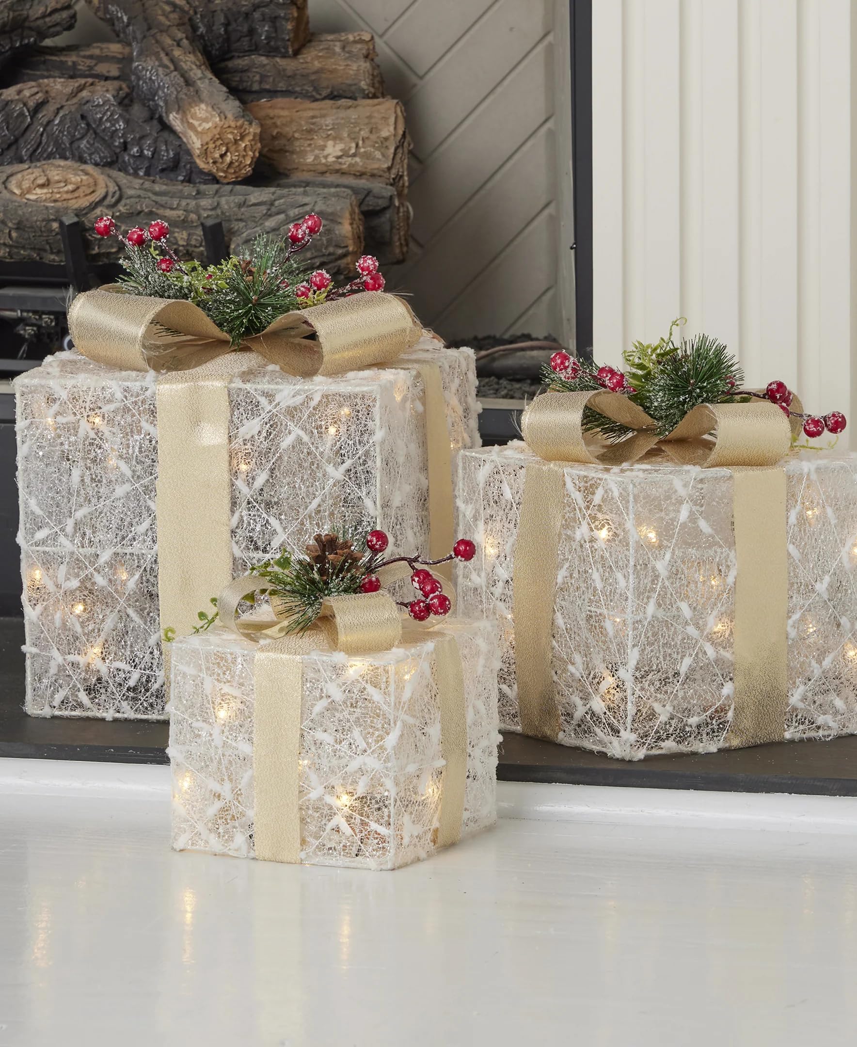 Seasonal LLC Christmas White Glitter Giftbox Pre-Lit Set of 3 | LED Lights are Energy-efficient and Long Lasting | Indoor or Out