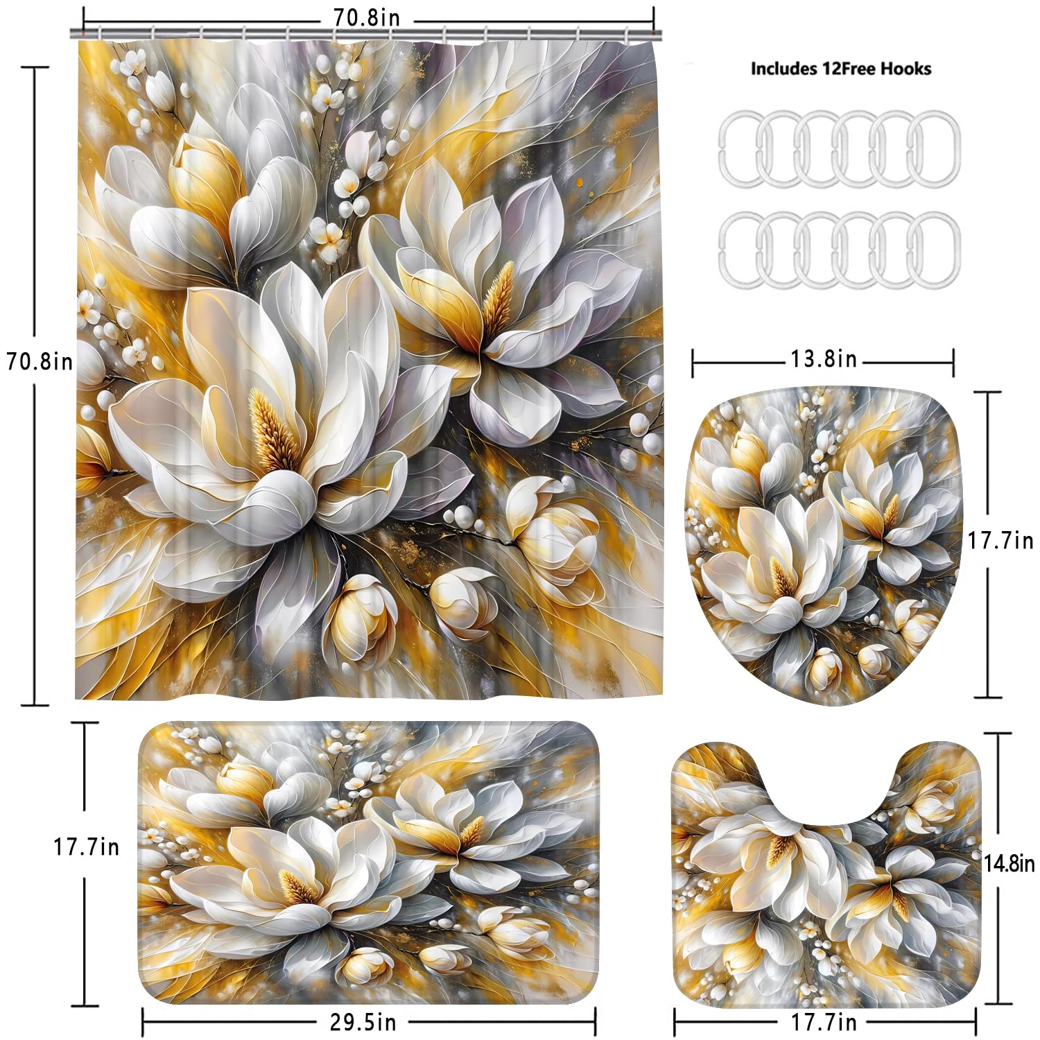 Pretyw 4-Piece Magnolia Flowers Shower Curtain Set Dreamy Beauty Bathroom Set With Shower Curtain And Rugs, Gold White And Gray