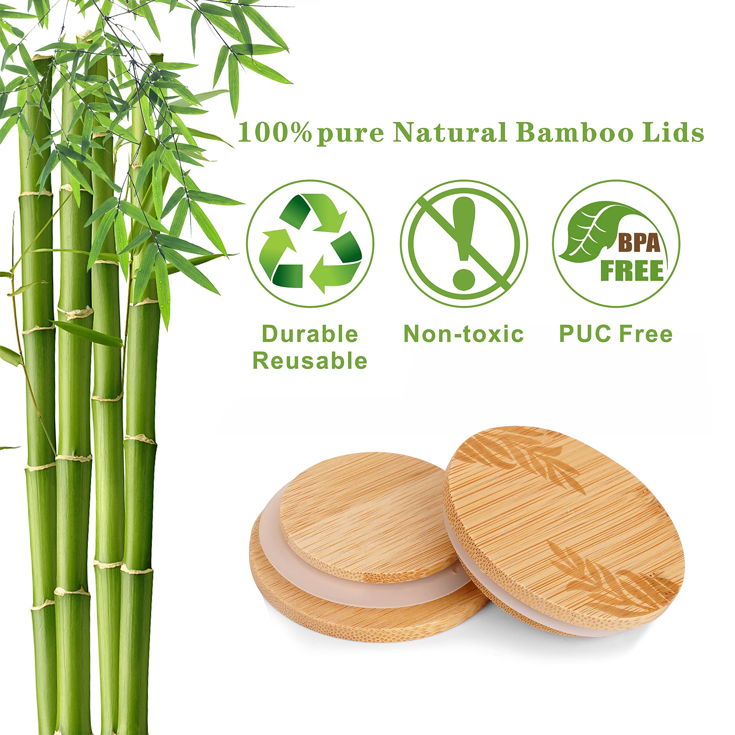 Mason Life Bamboo Jar Lids Set - 4Pcs Silicone Sealing Rings, Leaf Pattern for 5 Oz Yogurt Jars, Model QUI-Lid