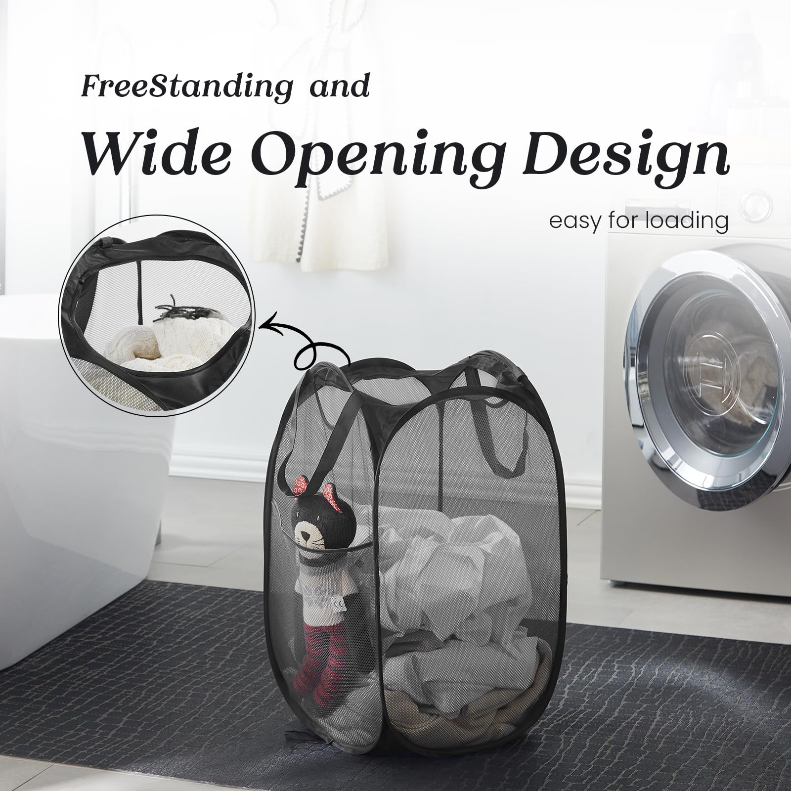 Upgraded 105L Mesh Pop Up Laundry Hamper with Reinforced Handles - Portable & Collapsible Dirty Clothes Basket for Dorm  Bathroom & Travel (Black Plus  105L)