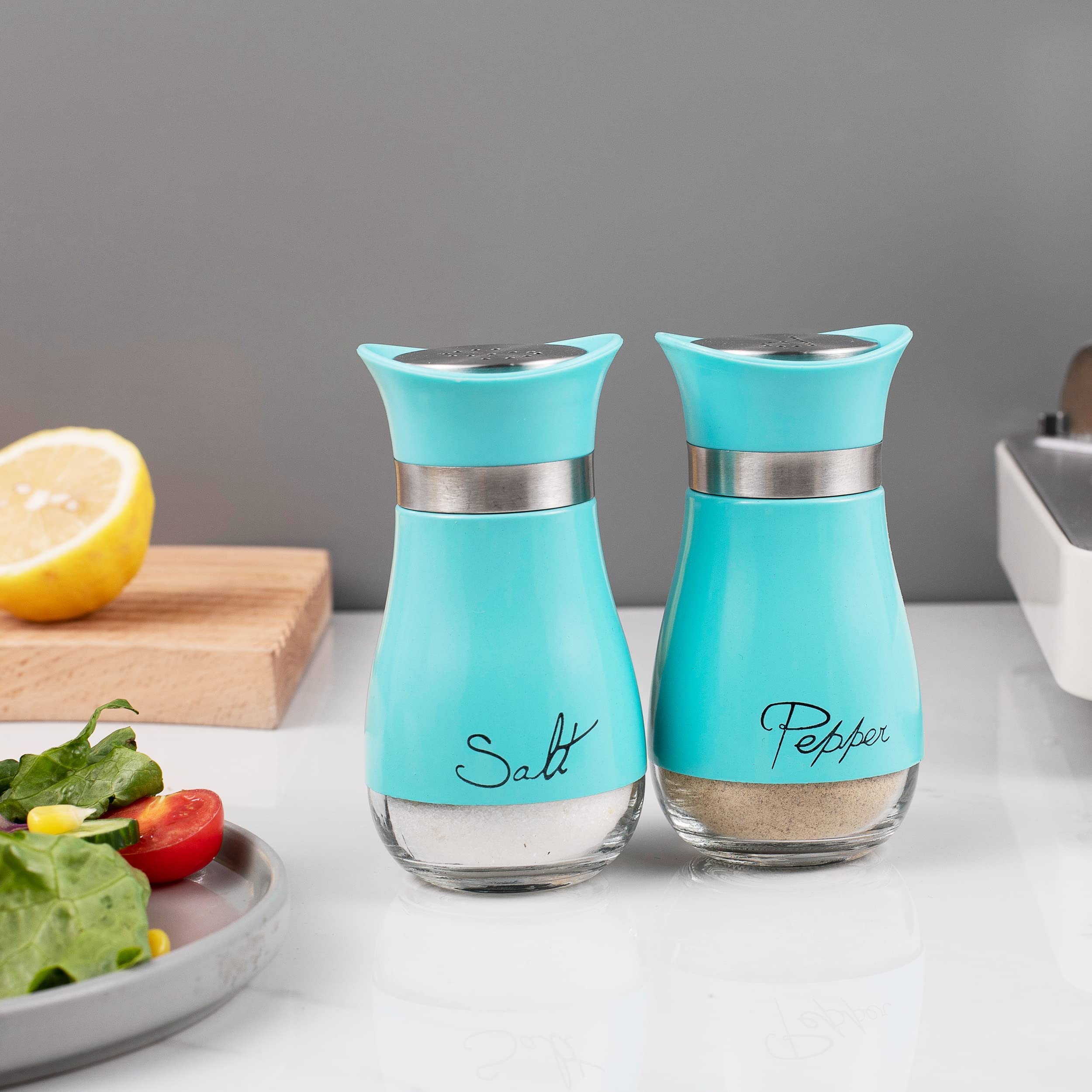 Salt And Pepper Shakers, Stainless Steel And Glass Bottle, Set Of 2, Turquoise
