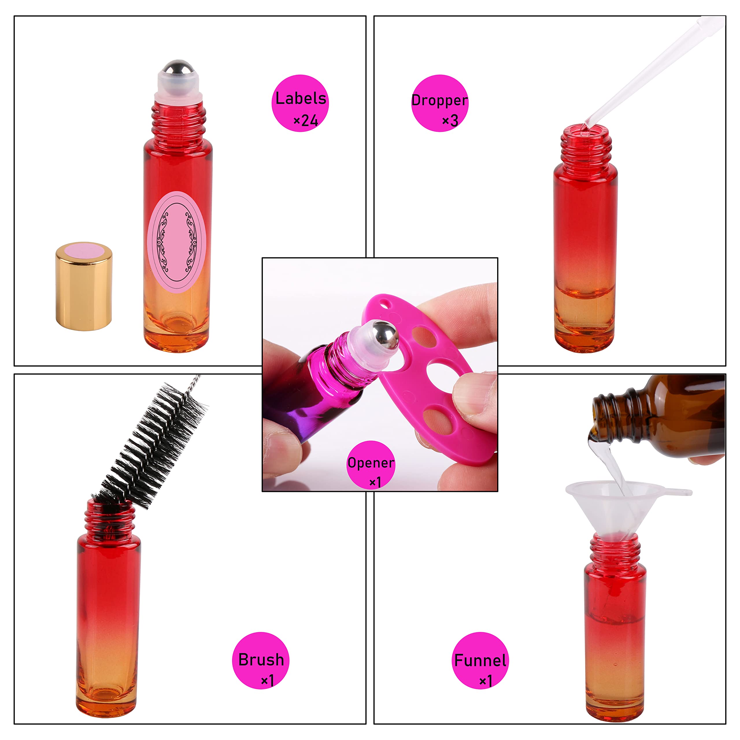 Inice 24 10Ml Essential Oils Roller Bottles Gradient Color Thick Glass Roll On Bottle Golden Metal Cap For Travel