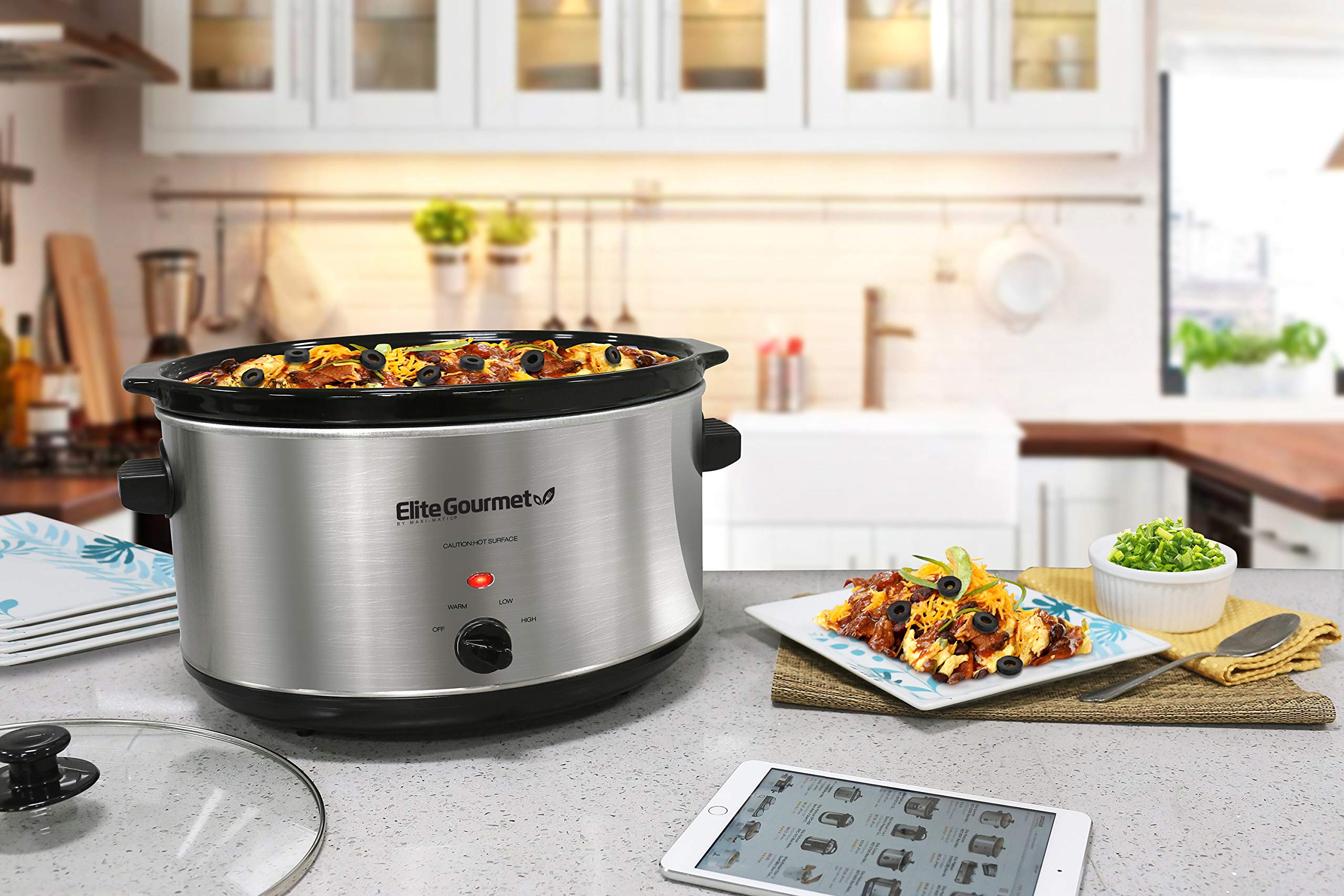 Elite Gourmet Stainless Steel Slow Cooker, 8.5 Quart, Dishwasher-Safe, Model MST-900V, Removable Stoneware Pot, Cool-Touch Handles