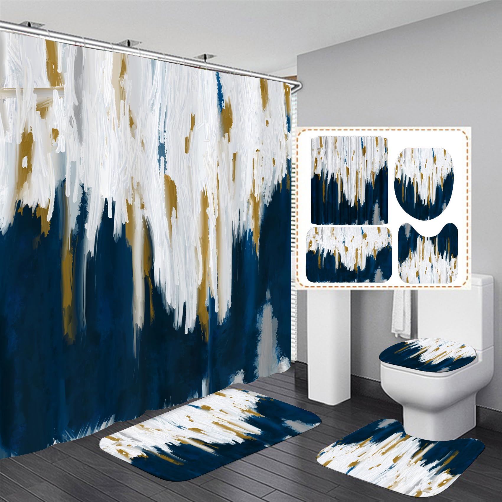 Apxpf 4 Pcs Blue Bathroom Set Shower Curtains For Bathroom Washable Shower Curtain Set With Rugs Bathroom Decor Shower Curtain S