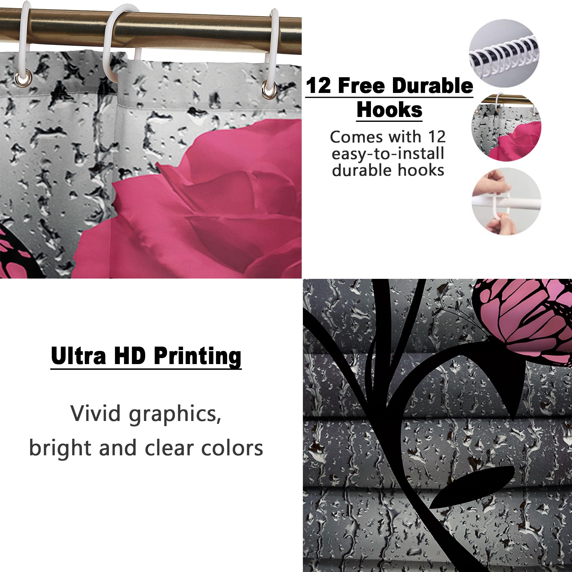 Poedist 4 Pcs Bathroom Set,Pink Rose Shower Curtain Sets, Romantic Shower Curtain Sets With Rugs(Bath Mat,U Shape And Toilet Lid