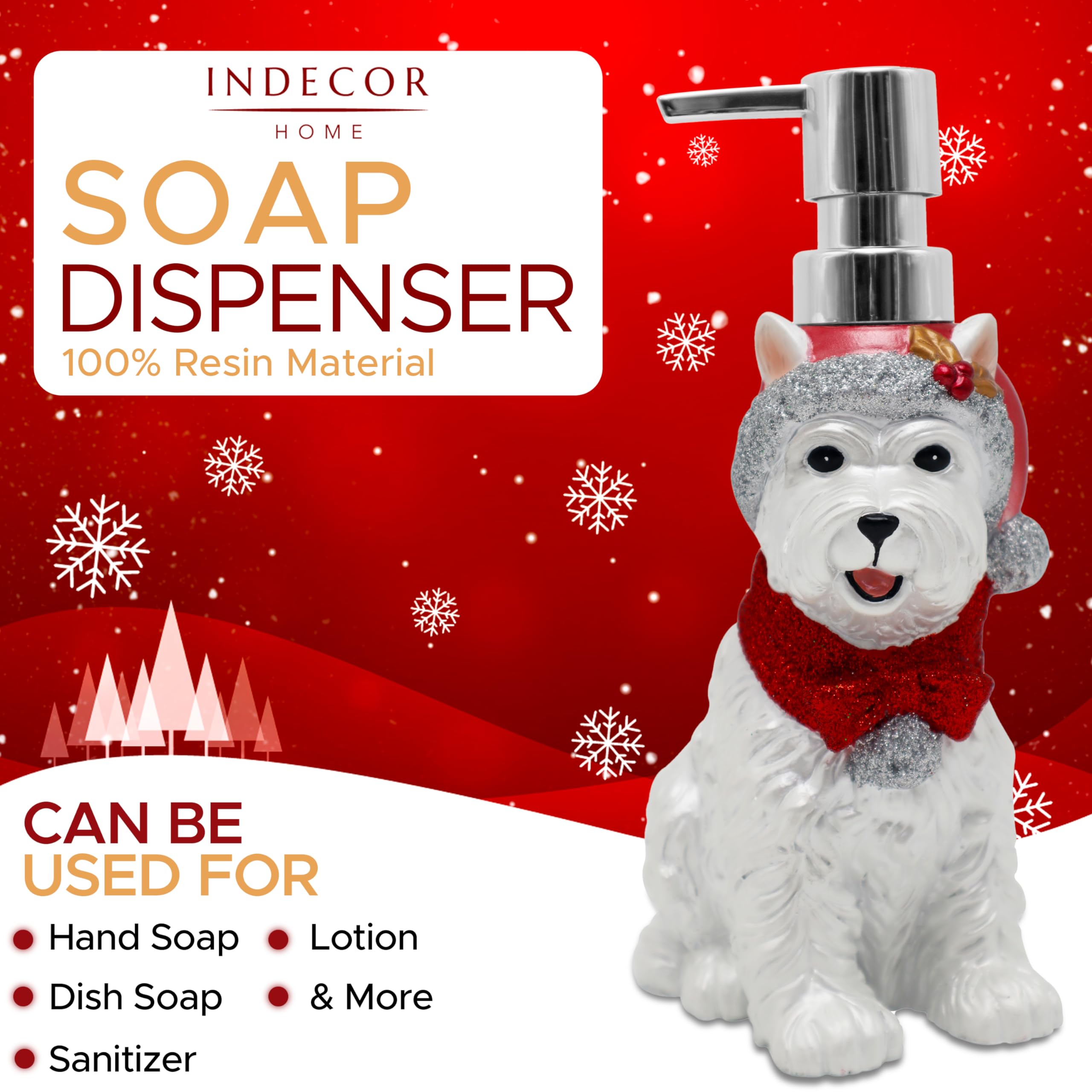 Indecor Home Christmas Soap Dispenser For Bathroom Sink, Kitchen Countertop, Lotion Pump Xmas Holiday Theme 100% Resin For Hand