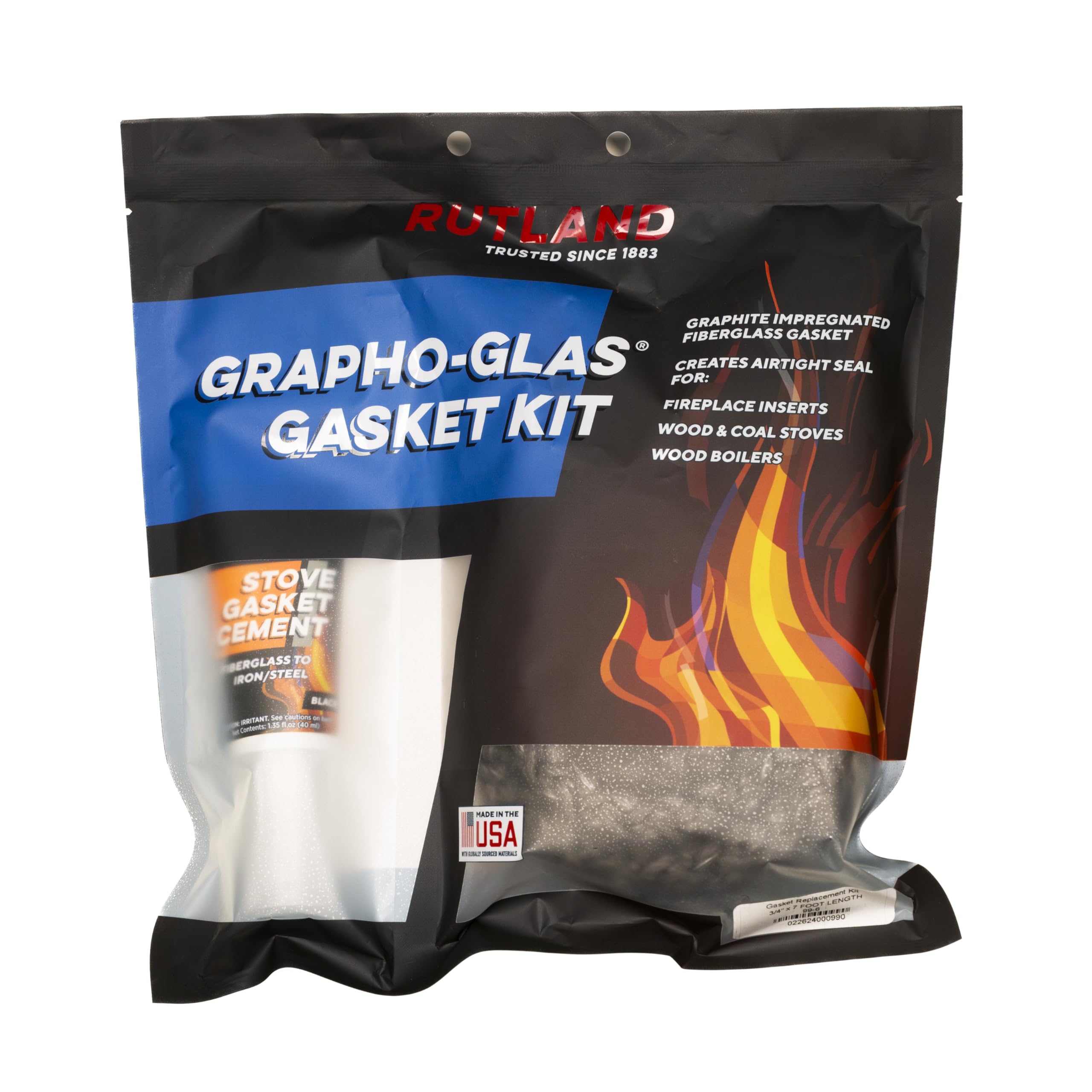 Rutland Wood Stove Gasket Replacement Kit  Graphite Impregnated Gasket & Adhesive  3/4 '' x 7 ' Rope