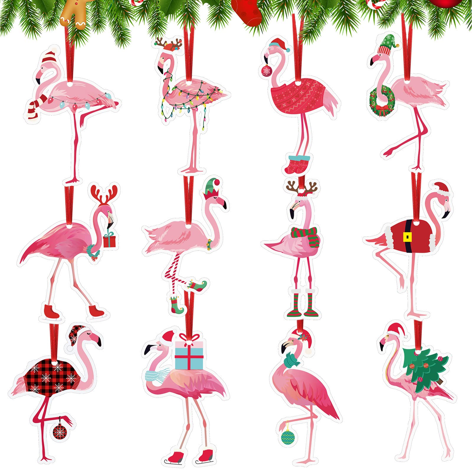 Blulu 12 Pieces Christmas Flamingo Ornaments Wooden Pink Hanging Flamingo Ornaments for Xmas Home Office Party Tree Holiday Deco