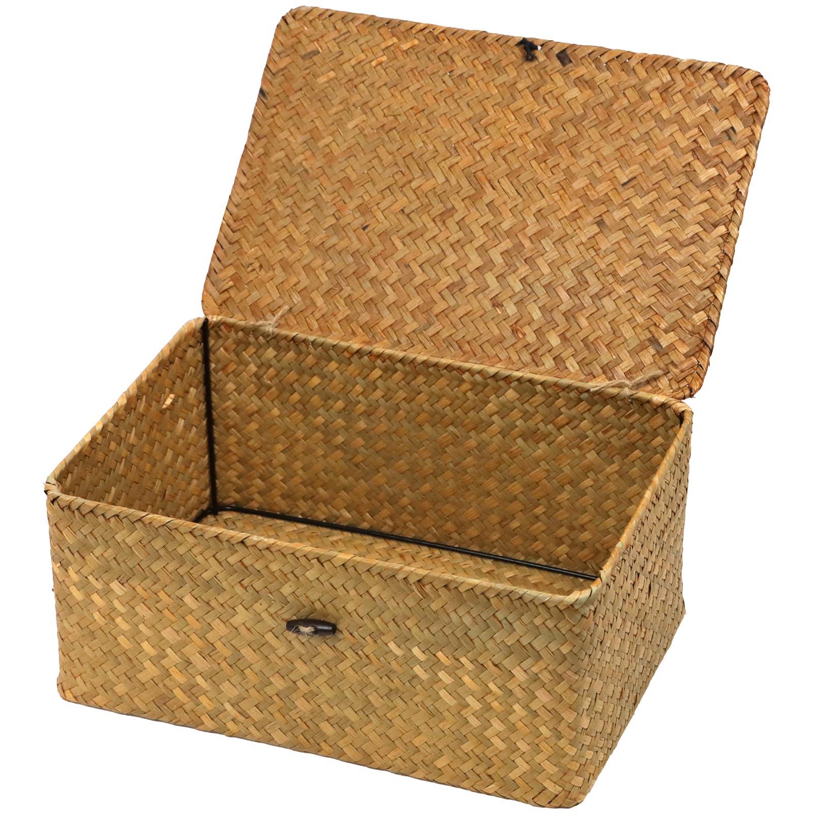 Wicker Storage Basket With Lid, Natural Seagrass Woven Shelf Basket For Storage, Rectangular Decorative Storage Bins Boxes Home