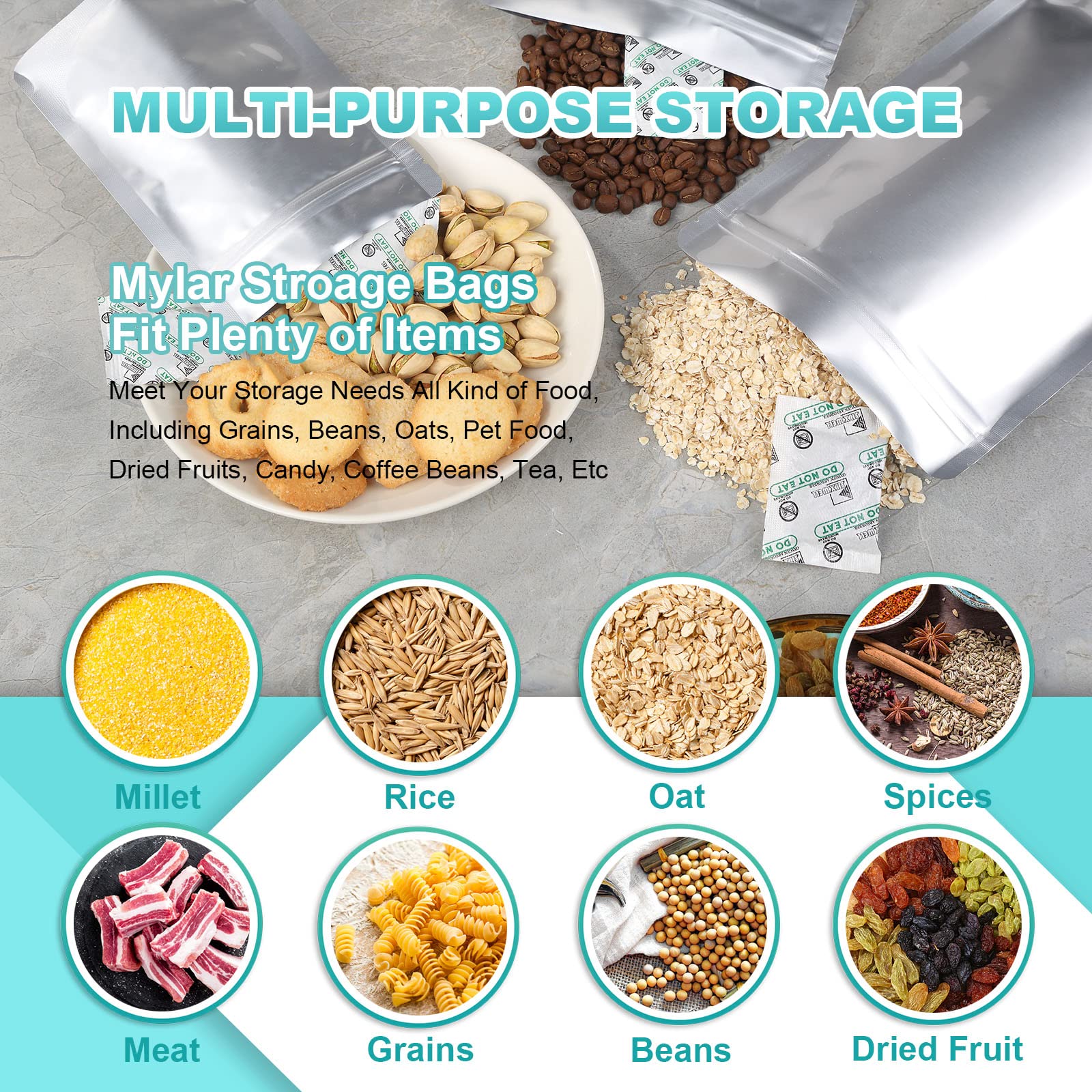 Shxwell 50Pcs 1 Quart Mylar Bags For Food Storage, 7''X10'' 10 Mil Stand-Up Zipper Pouches Resealable And Heat Sealable For Long