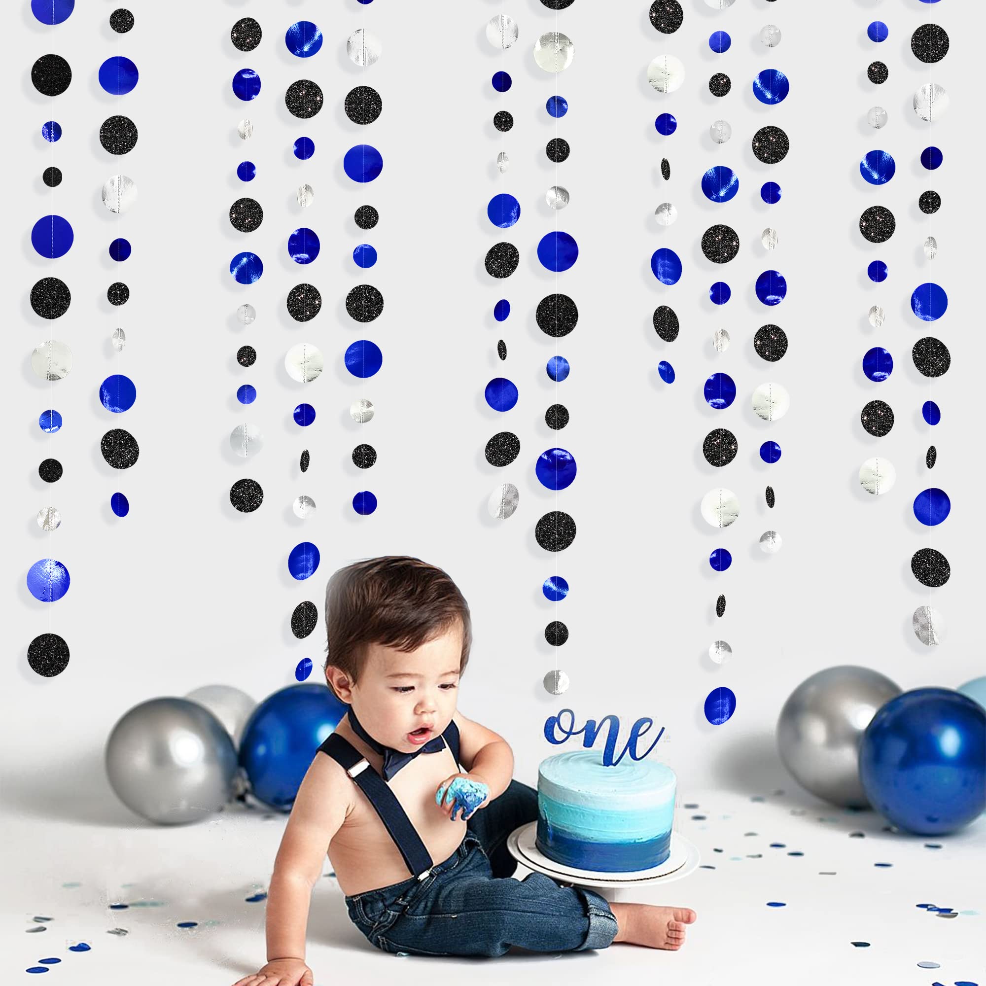 46Ft Navy Blue Black Silver Circle Dots Garland Royal Blue Black Polka Dots Streamer For Birthday Graduations Wedding Bridal Bab