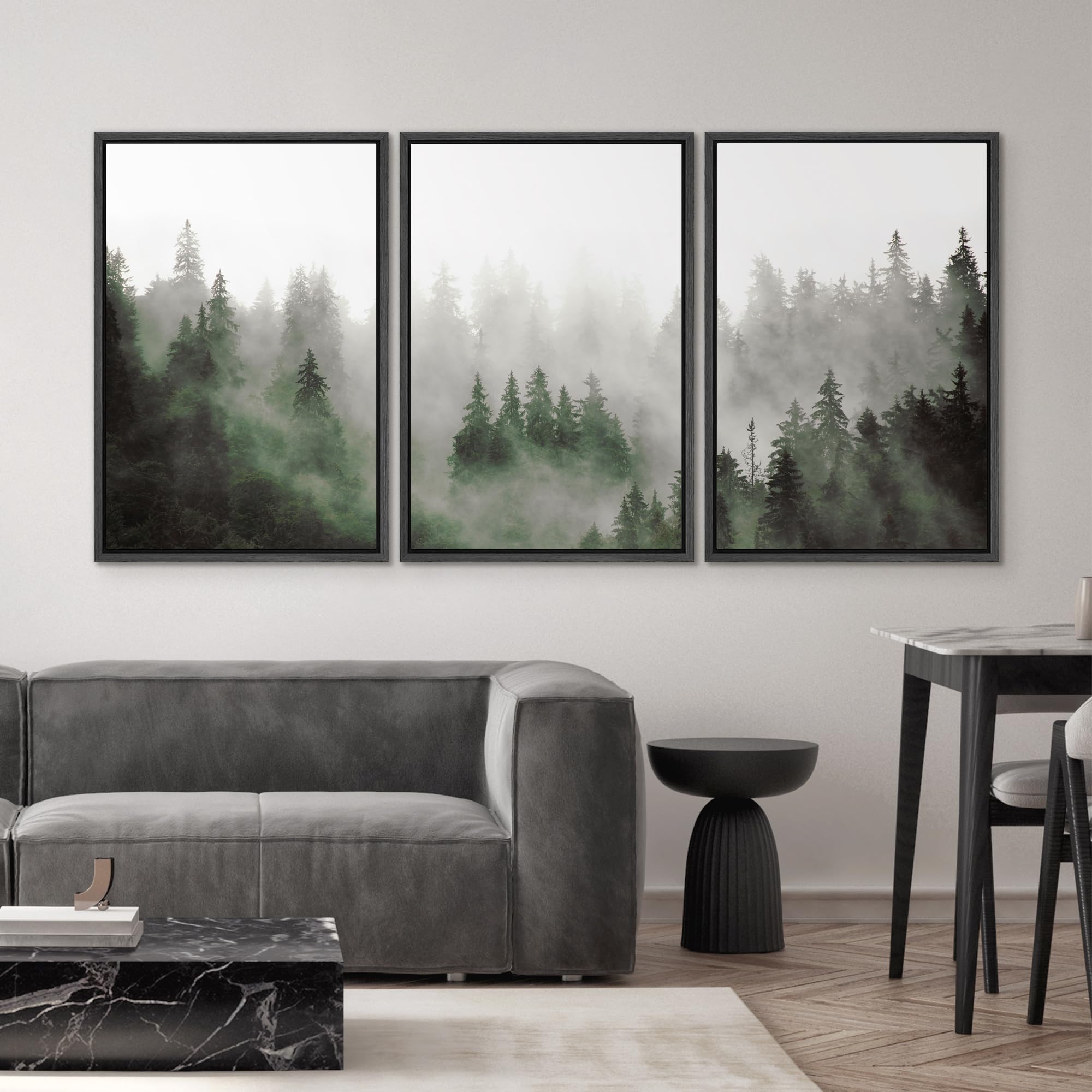 SIGNWIN Framed Canvas Print Wall Art Woodland Nursery Decor Set Fog & Mist Over Green Pine Tree Forest Nature Wilderness Modern Art Chic Landscape for Living Room  Bedroom  Office - 16''x24''x3 Black