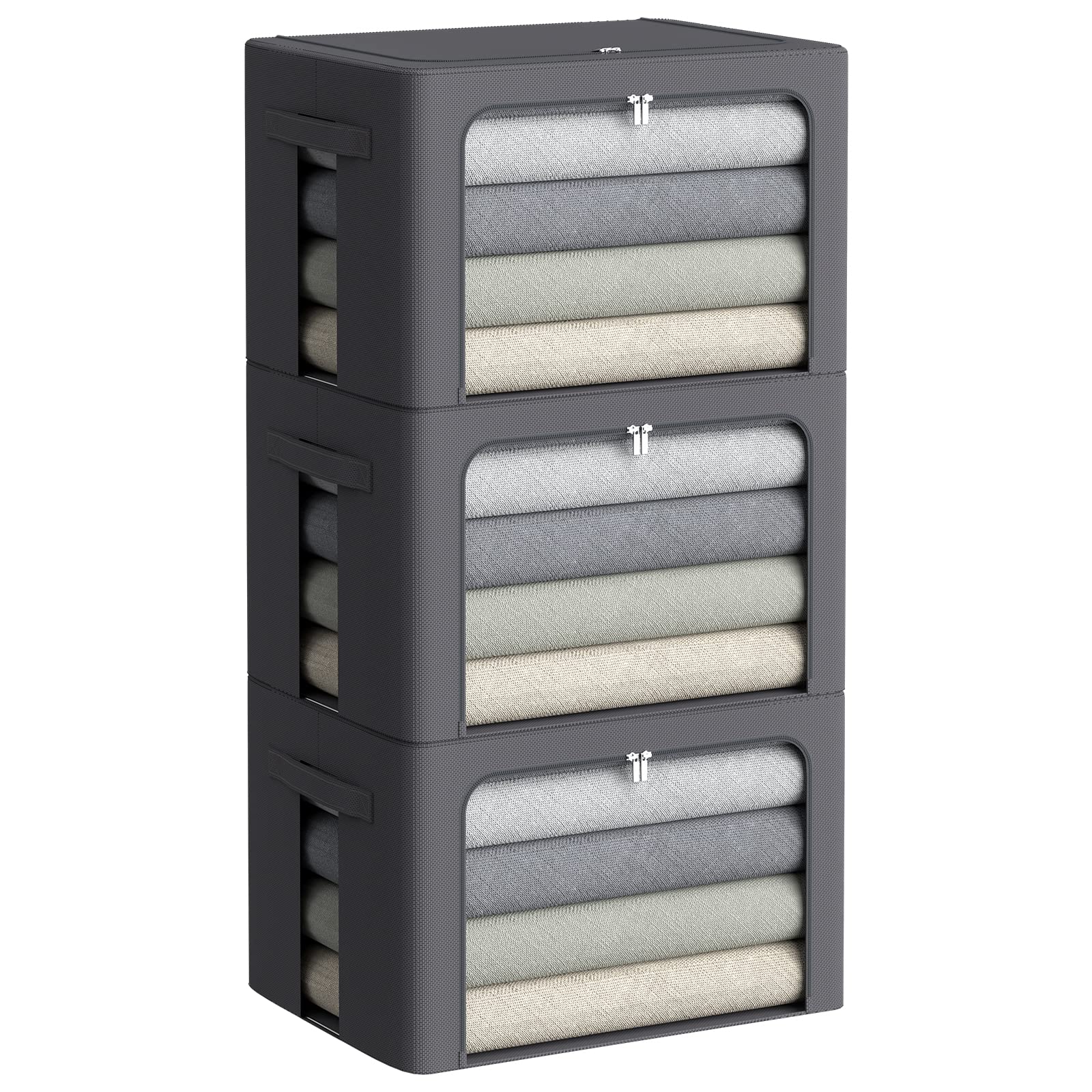 3Pack Stackable Clothes Storage Bins - Oxford Frame Storage Box Foldable Clothing Storage Container Organizer Set with Clear Win